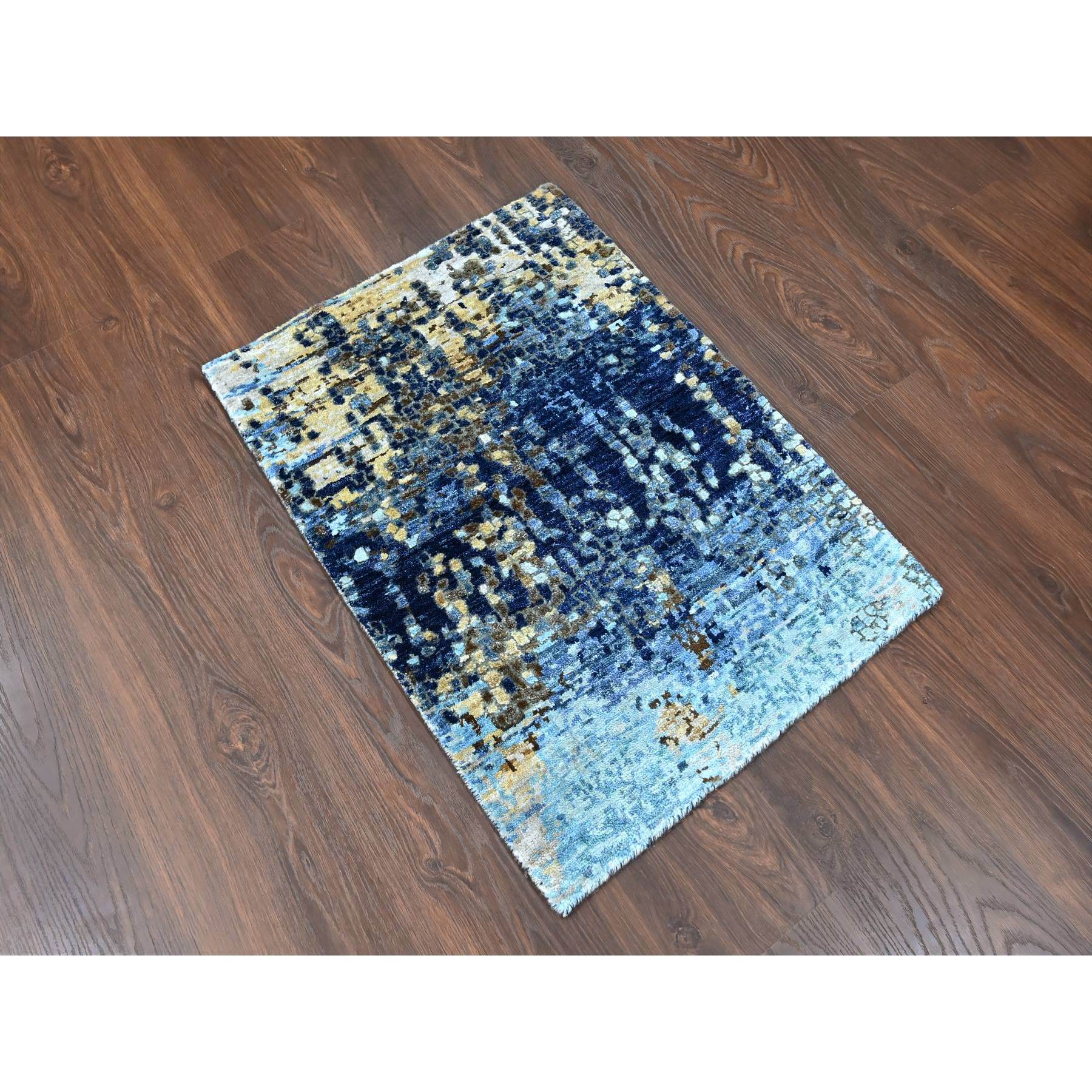 2'x3' Yale Blue with Mix of Gold, Modern Mosaic Design, Hand Knotted, Persian Knot, Denser Weave, Wool and Silk, Mat, Oriental Rug Sh10099