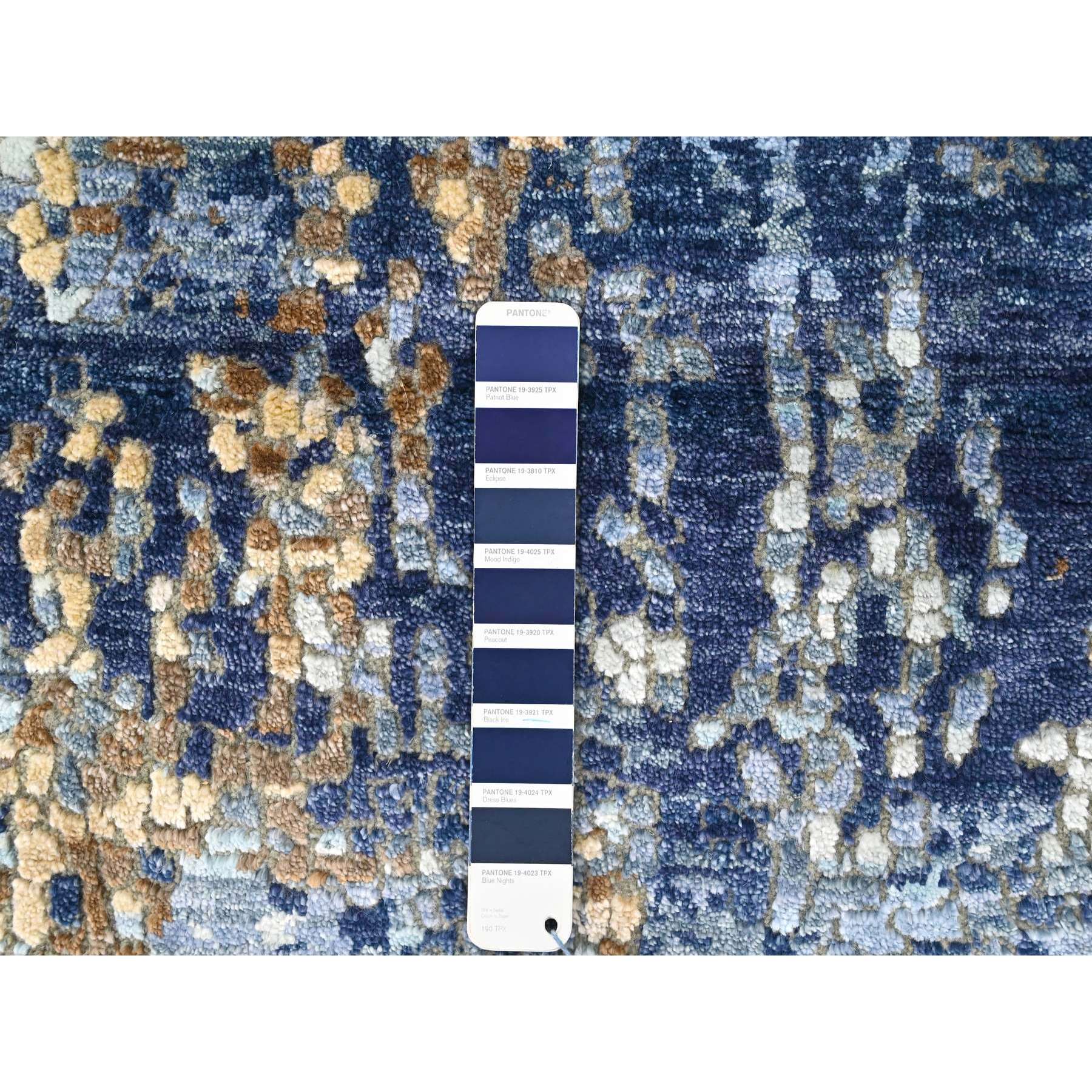 2'x3' Yale Blue with Mix of Gold, Modern Mosaic Design, Hand Knotted, Persian Knot, Denser Weave, Wool and Silk, Mat, Oriental Rug Sh10099