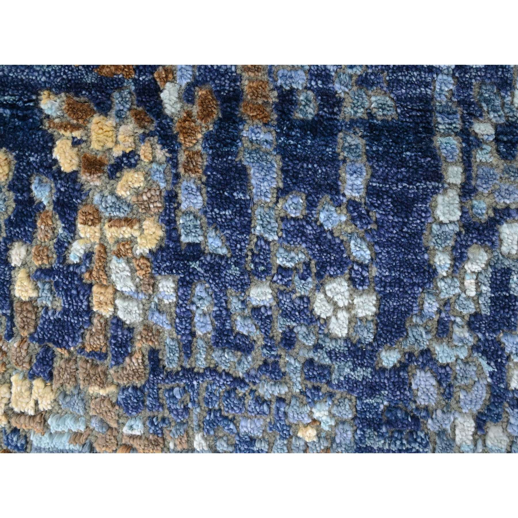 2'x3' Yale Blue with Mix of Gold, Modern Mosaic Design, Hand Knotted, Persian Knot, Denser Weave, Wool and Silk, Mat, Oriental Rug Sh10099