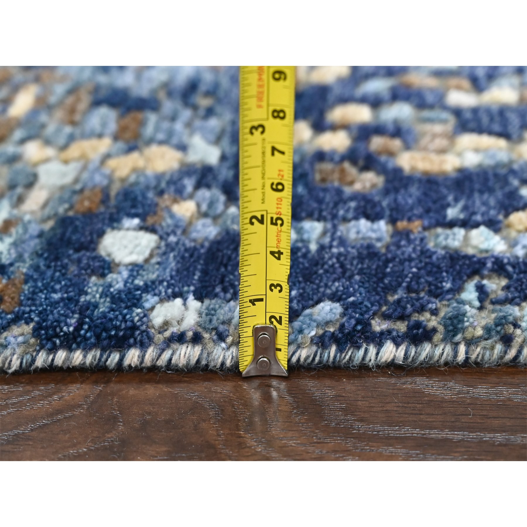 2'x3' Yale Blue with Mix of Gold, Modern Mosaic Design, Hand Knotted, Persian Knot, Denser Weave, Wool and Silk, Mat, Oriental Rug Sh10099