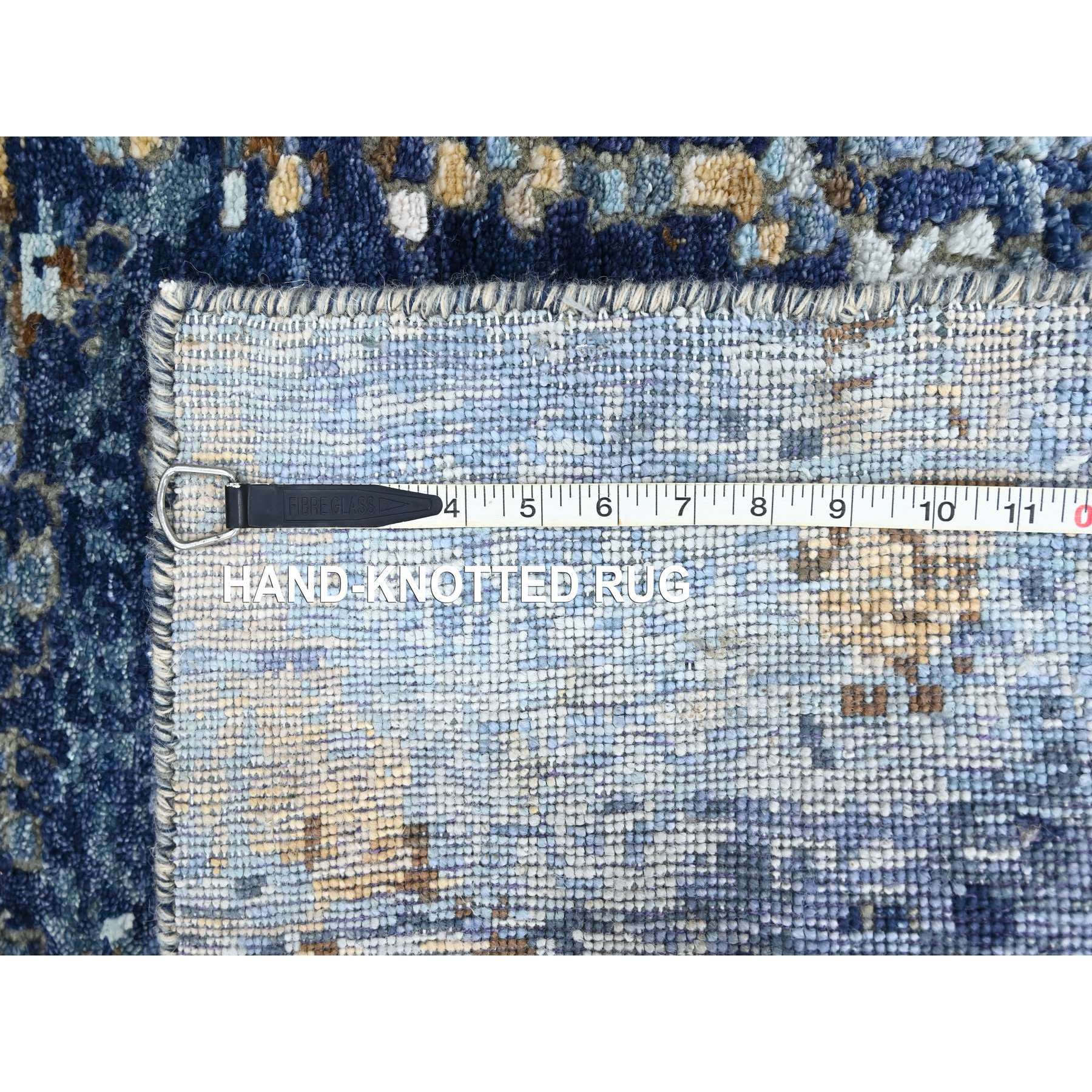 2'x3' Yale Blue with Mix of Gold, Modern Mosaic Design, Hand Knotted, Persian Knot, Denser Weave, Wool and Silk, Mat, Oriental Rug Sh10099
