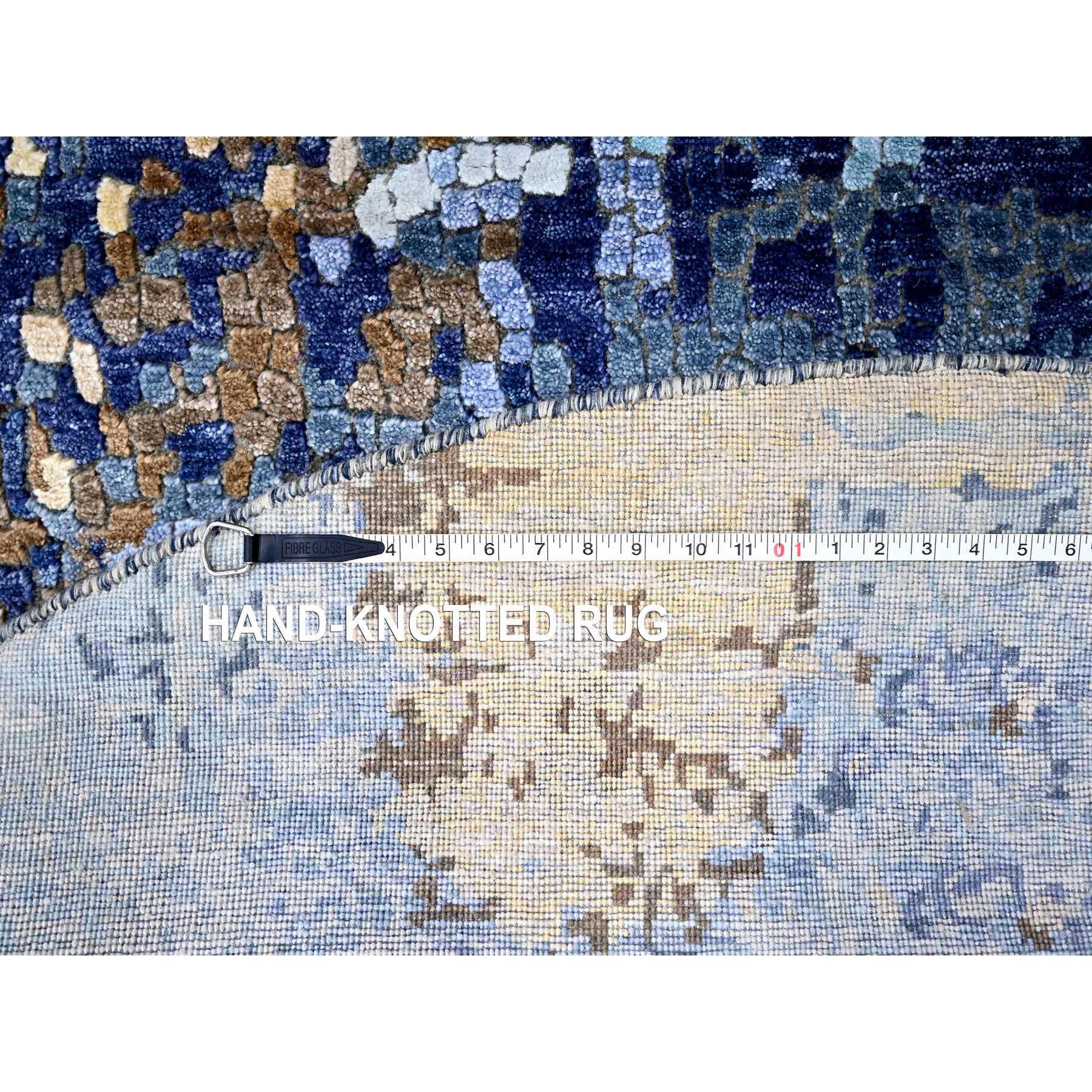 7'9"x7'9" Denim Blue with Mix of Gold, Modern Mosaic Design, Persian Knot, Denser Weave, Hand Knotted, Wool and Silk, Round, Oriental Rug Sh10100