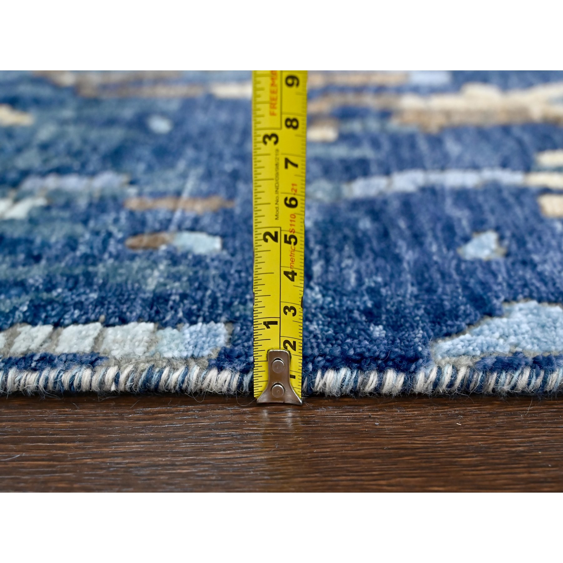 2'6"x12' Yale Blue with Mix of Gold, Denser Weave, Modern Mosaic Design, Persian Knot, Hand Knotted, Wool and Silk, Runner, Oriental Rug Sh10101