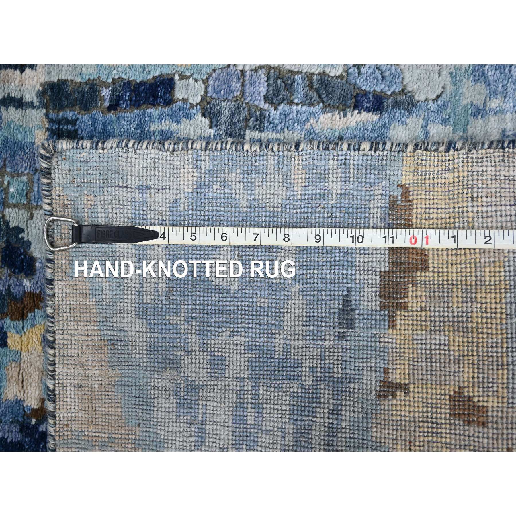 2'6"x12' Yale Blue with Mix of Gold, Denser Weave, Modern Mosaic Design, Persian Knot, Hand Knotted, Wool and Silk, Runner, Oriental Rug Sh10101