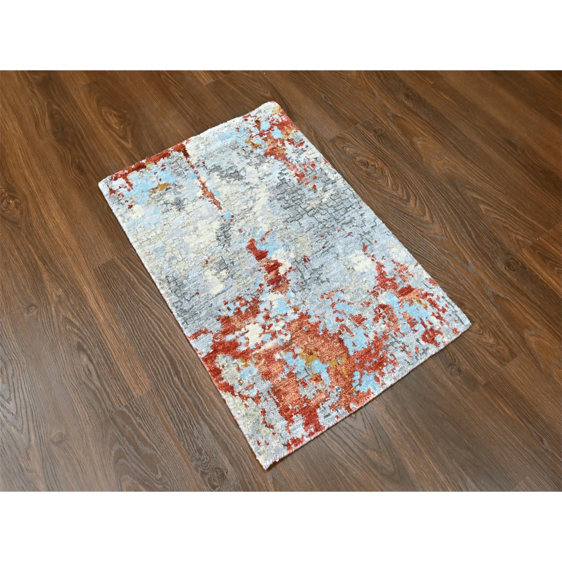 2'x3' Burnt Orange with Coin Gray, Wool and Silk, Abstract with Fire Mosaic Design, Hand Knotted, Mat, Oriental Rug Sh10103