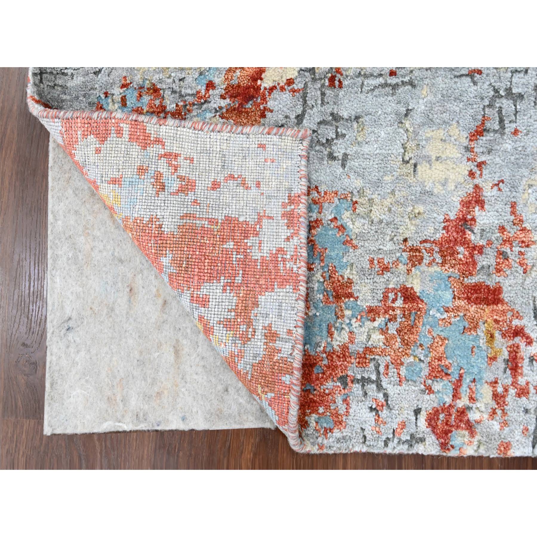 2'x3' Burnt Orange with Coin Gray, Wool and Silk, Abstract with Fire Mosaic Design, Hand Knotted, Mat, Oriental Rug Sh10103