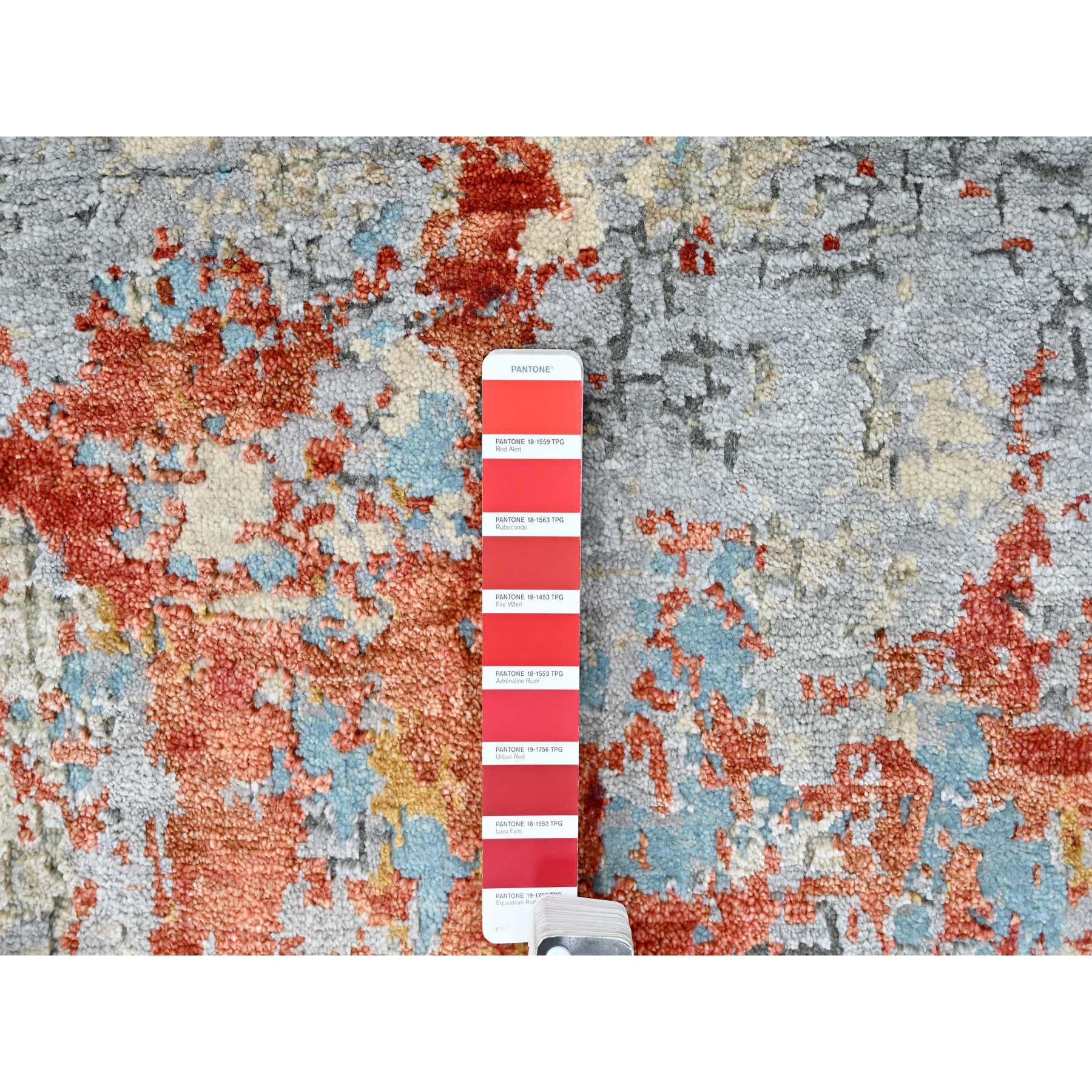 2'x3' Burnt Orange with Coin Gray, Wool and Silk, Abstract with Fire Mosaic Design, Hand Knotted, Mat, Oriental Rug Sh10103