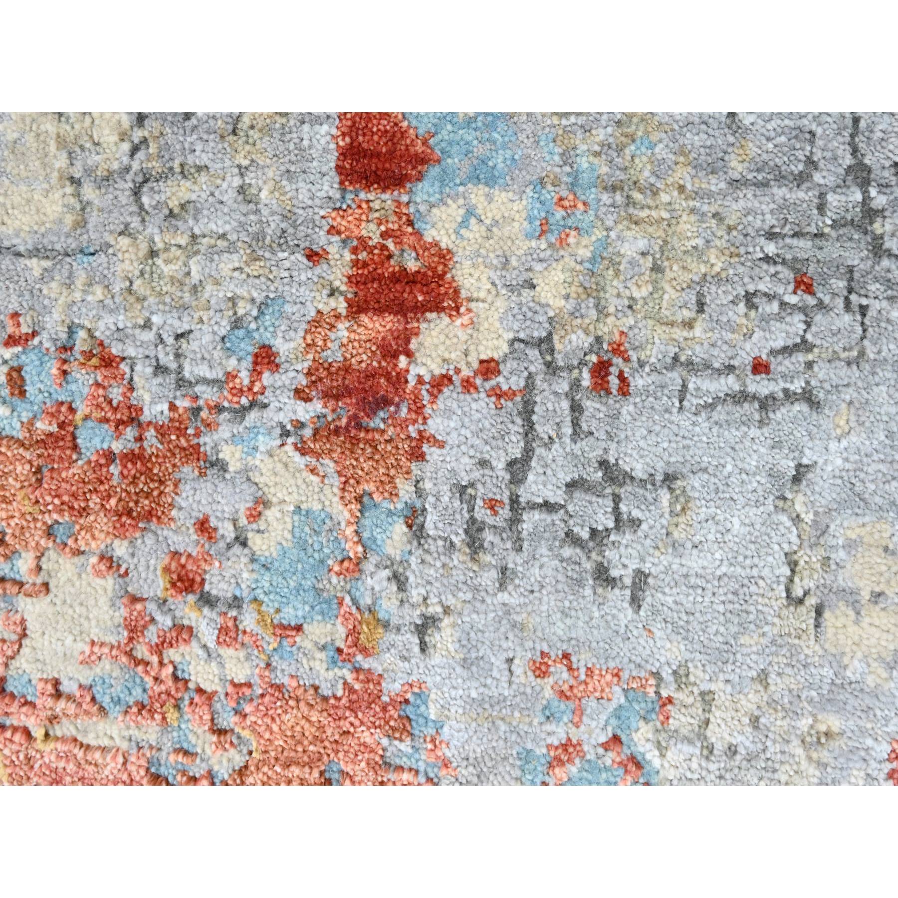 2'x3' Burnt Orange with Coin Gray, Wool and Silk, Abstract with Fire Mosaic Design, Hand Knotted, Mat, Oriental Rug Sh10103
