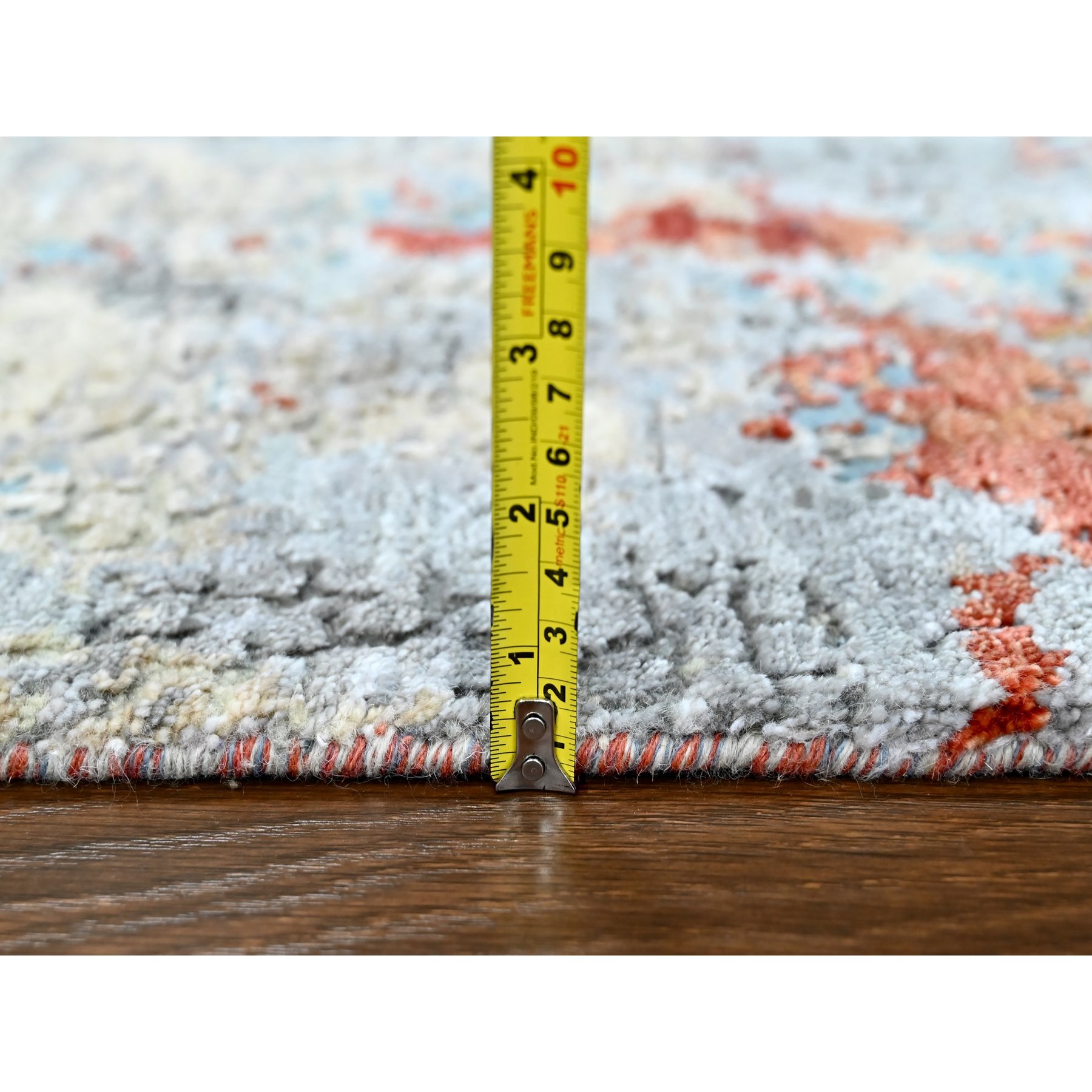 2'x3' Burnt Orange with Coin Gray, Wool and Silk, Abstract with Fire Mosaic Design, Hand Knotted, Mat, Oriental Rug Sh10103