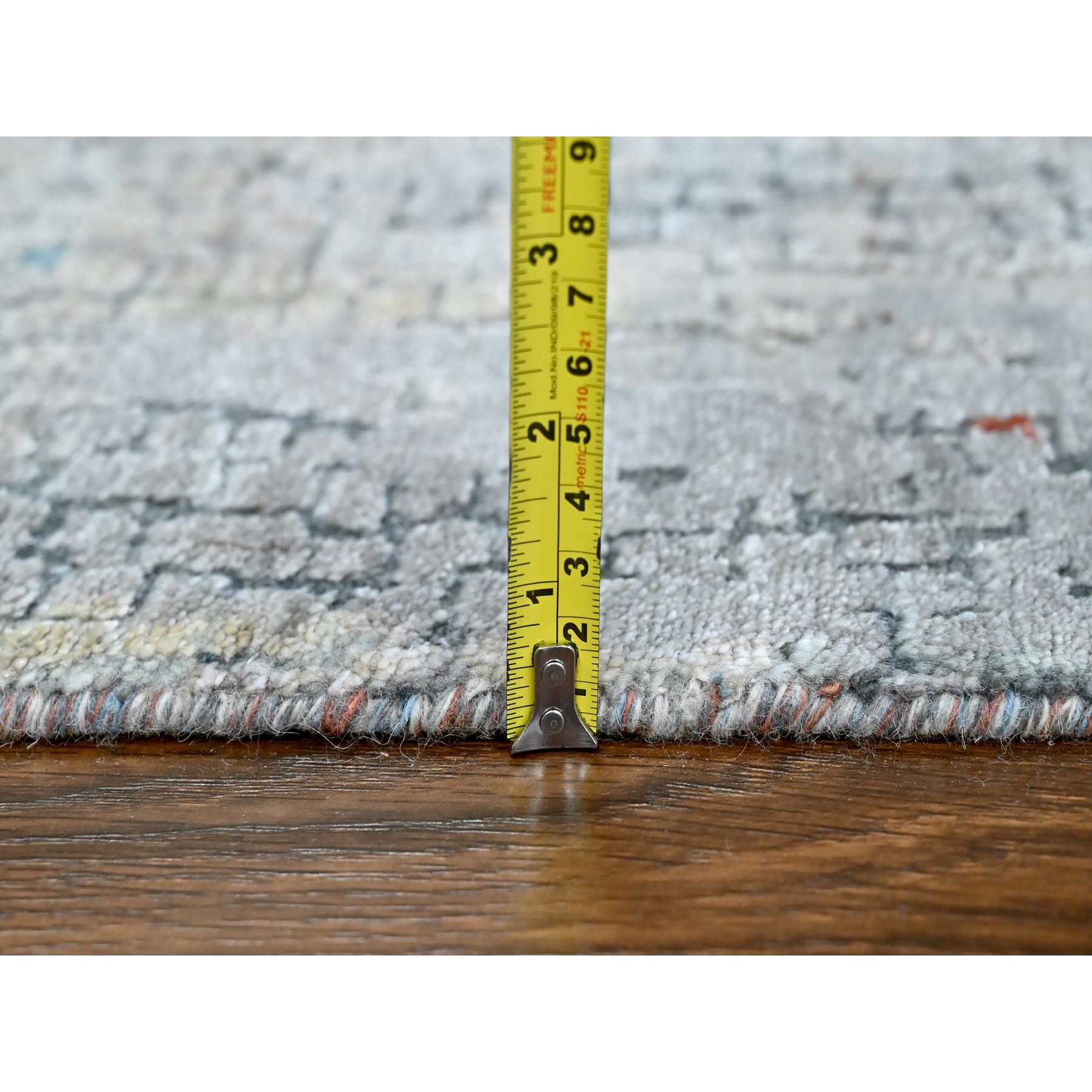 2'6"x9'9" Rust Orange with Medium Gray, Hand Knotted, Abstract with Fire Mosaic Design, Wool and Silk, Runner, Oriental Rug Sh10104