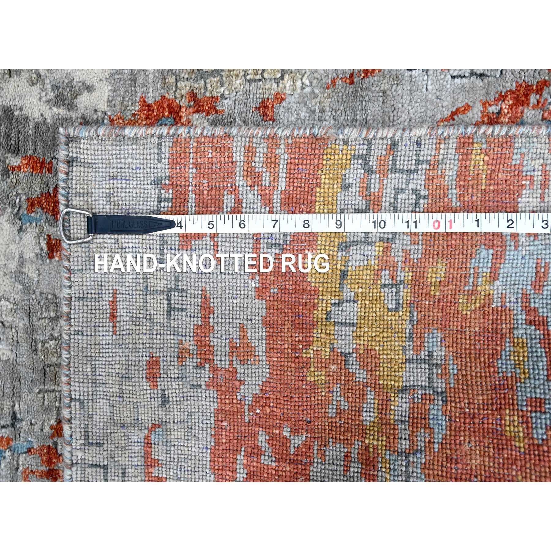 2'6"x9'9" Rust Orange with Medium Gray, Hand Knotted, Abstract with Fire Mosaic Design, Wool and Silk, Runner, Oriental Rug Sh10104