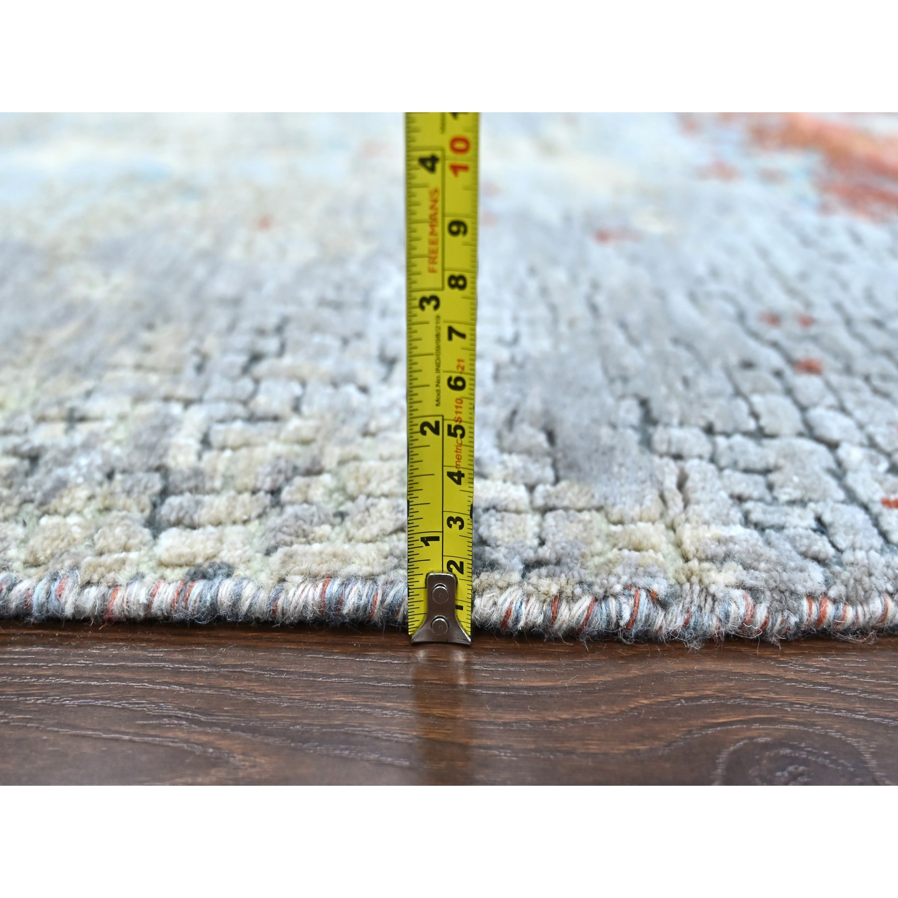 8'x8' Burnt Orange with Cloud Gray, Abstract with Fire Mosaic Design, Wool and Silk, Hand Knotted, Round, Oriental Rug Sh10105