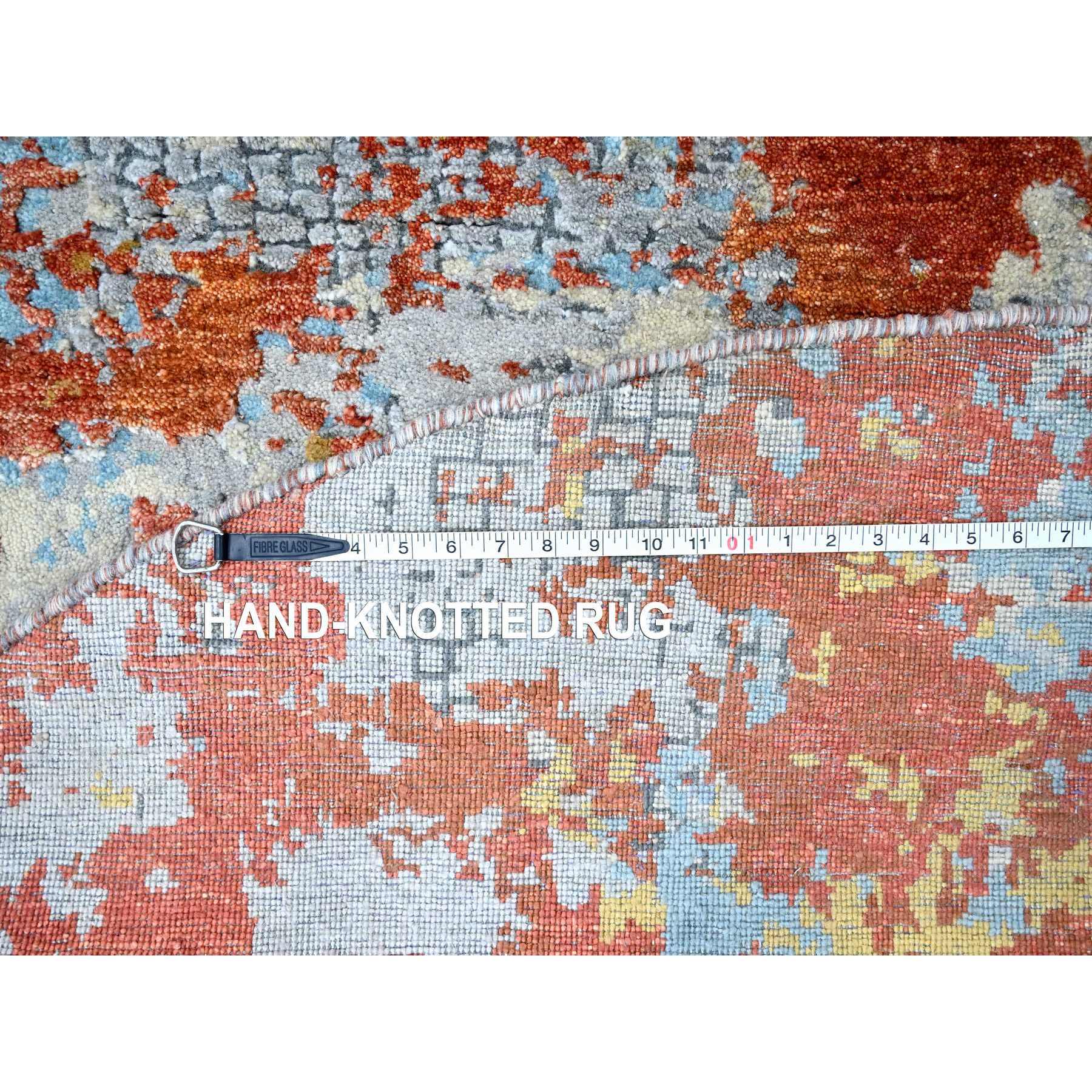 8'x8' Burnt Orange with Cloud Gray, Abstract with Fire Mosaic Design, Wool and Silk, Hand Knotted, Round, Oriental Rug Sh10105