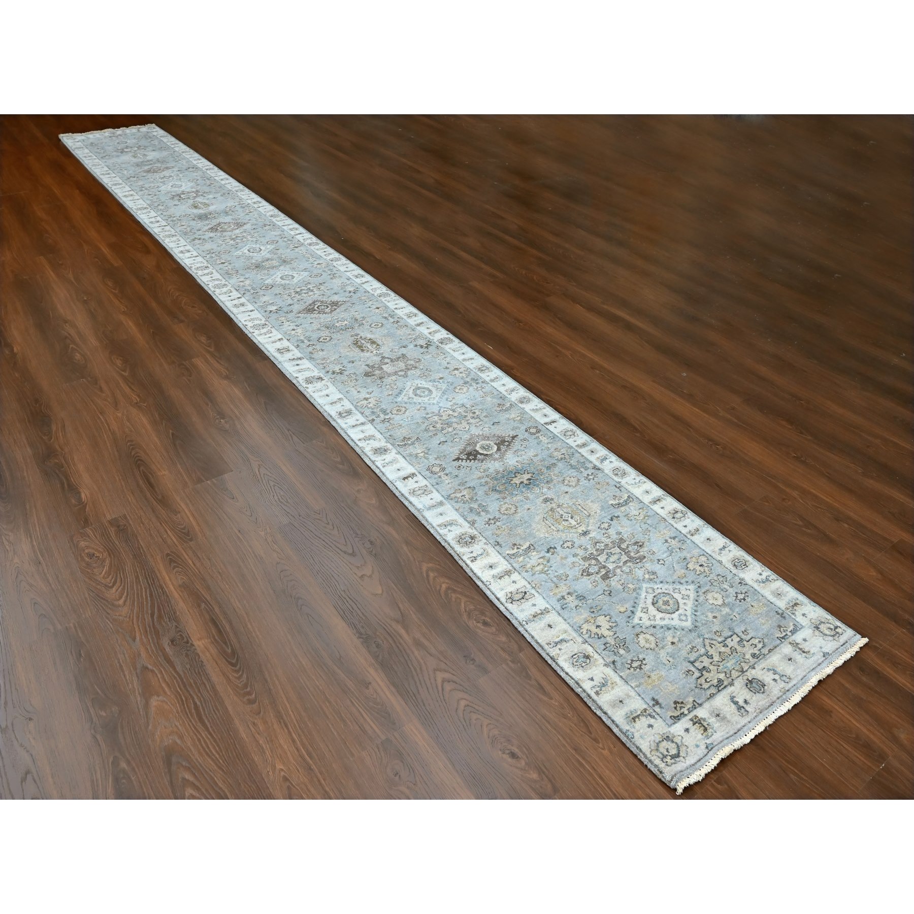 2'9"x21'10" Misty Gray, Pure Wool, Hand Knotted, Karajeh Design with Tribal Medallions, Vegetable Dyes, XL Runner, Oriental Rug Sh10112
