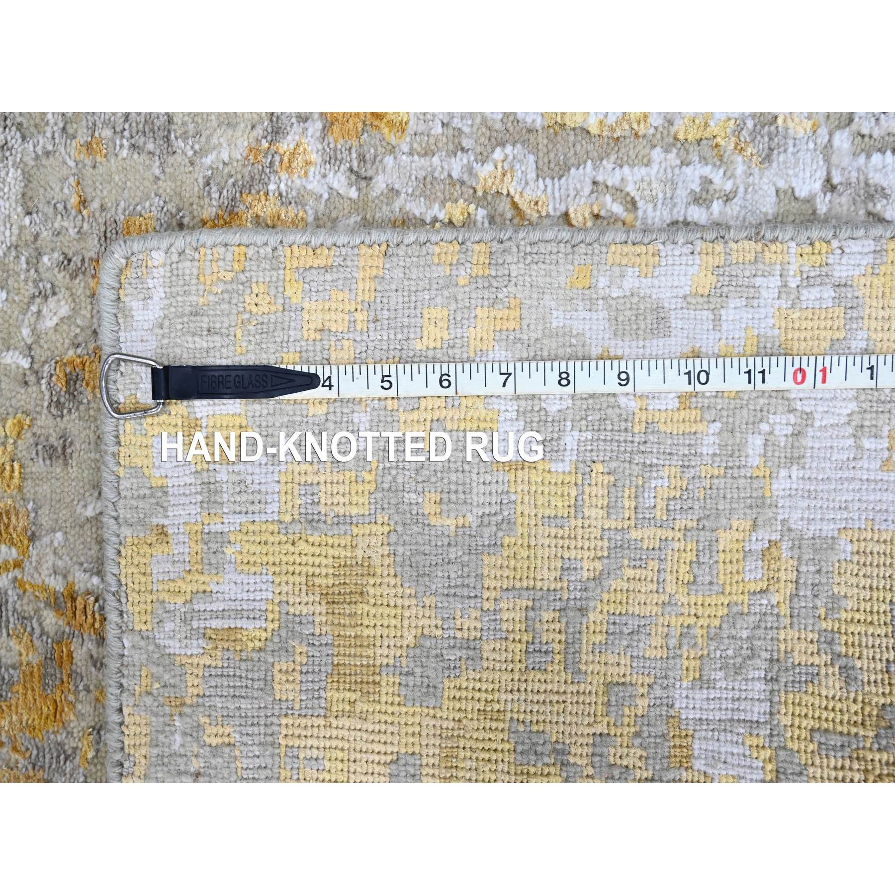 2'6"x6' Beige with Gold, Abstract Design, Wool and Silk, Hi-Low Pile, Hand Knotted, Runner, Oriental Rug Sh10116