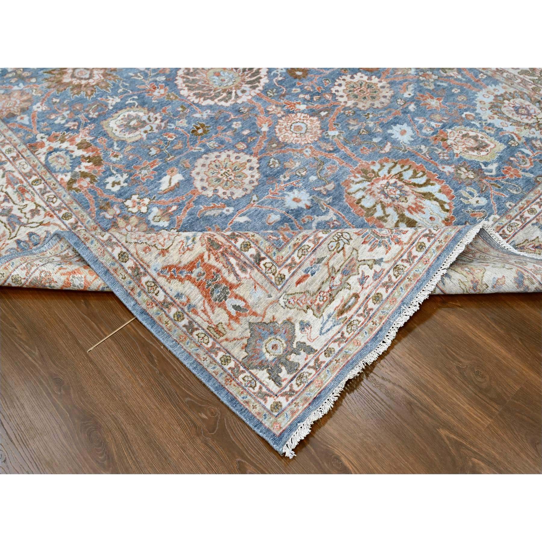 7'10"x9'8" Aegean Blue, Antiqued Sultanabad Design, Zero Pile, Shaved Low, Distressed, 100% Wool, Hand Knotted, Oriental Rug Sh10120