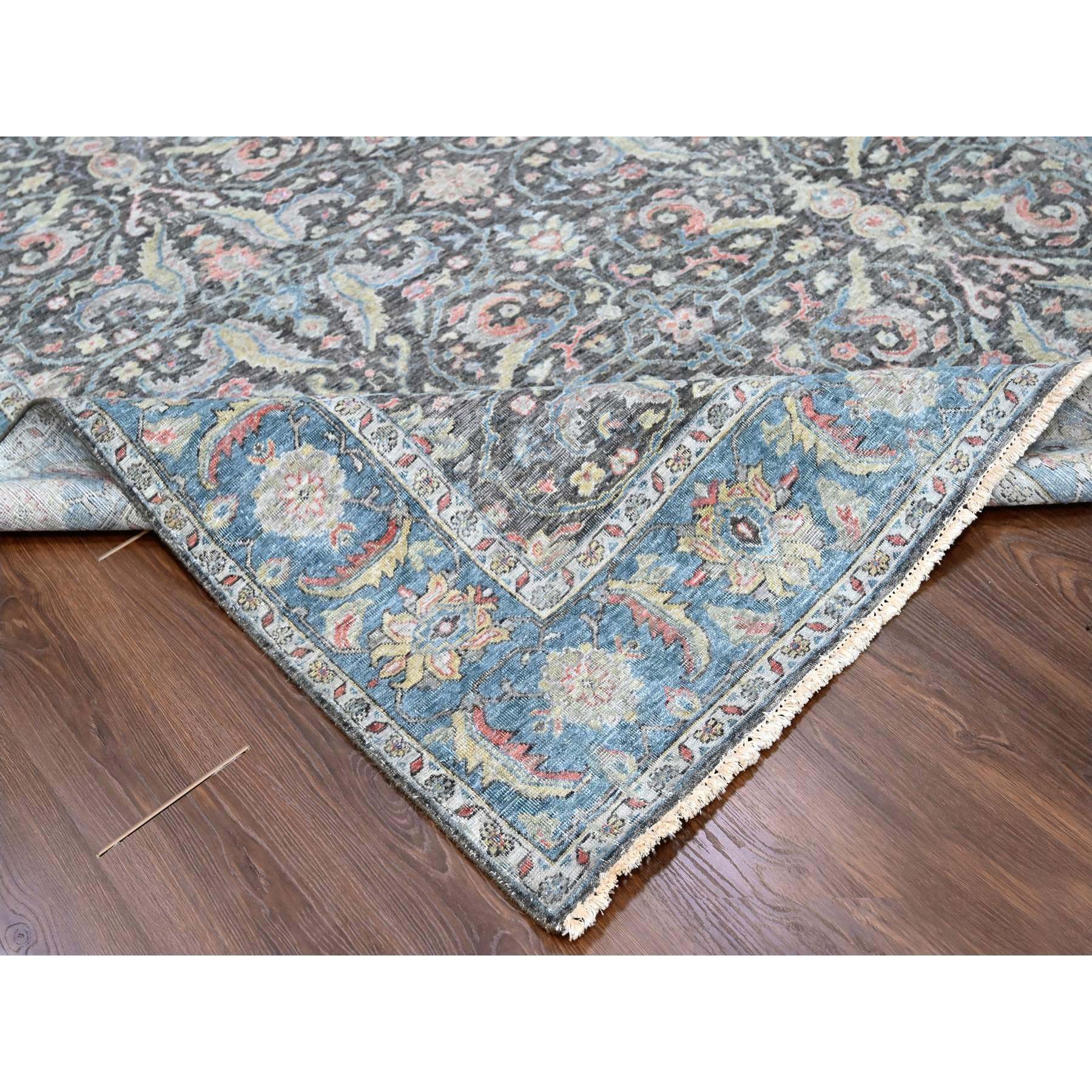 7'8"x9'6" Charcoal Black, Cropped Thin, Antiqued Zeigler Mahal with Zero Pile, Hand Knotted, 100% Wool, Oriental Rug Sh10134