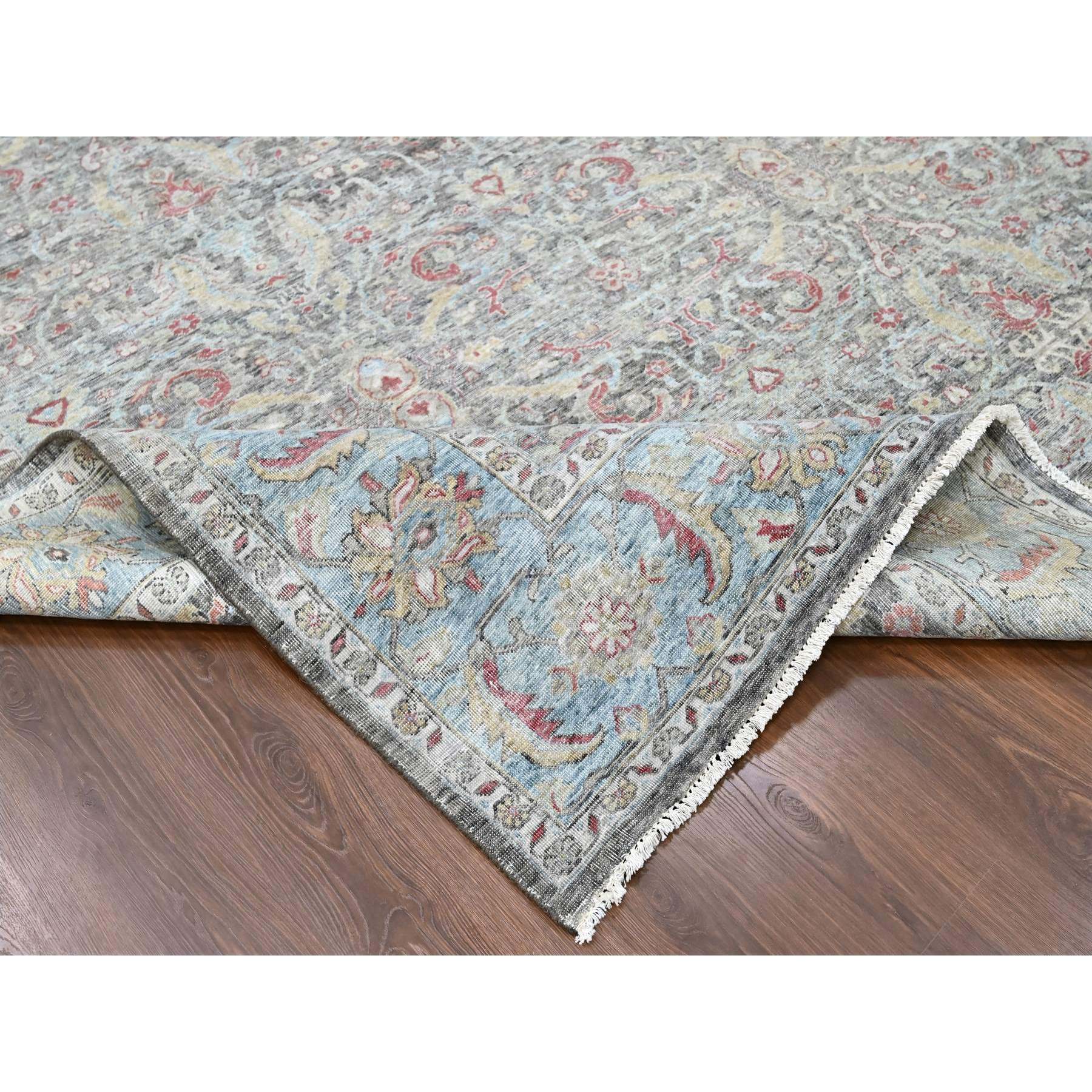 8'6"x11'5" Charcoal Black, Abrash Persian Design, 100% Pure Wool, Zero Pile, Shaved Low, Hand Knotted, Oriental Rug Sh10135