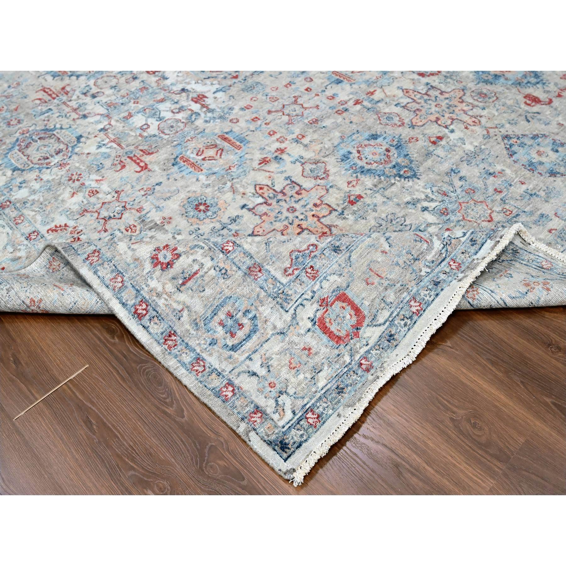 8'9"x11'9" Shades of Blue, Antiqued Tabriz Design, Distressed with Abrash, Zero Pile, Shaved Low, 100% Wool, Hand Knotted, Oriental Rug Sh10142