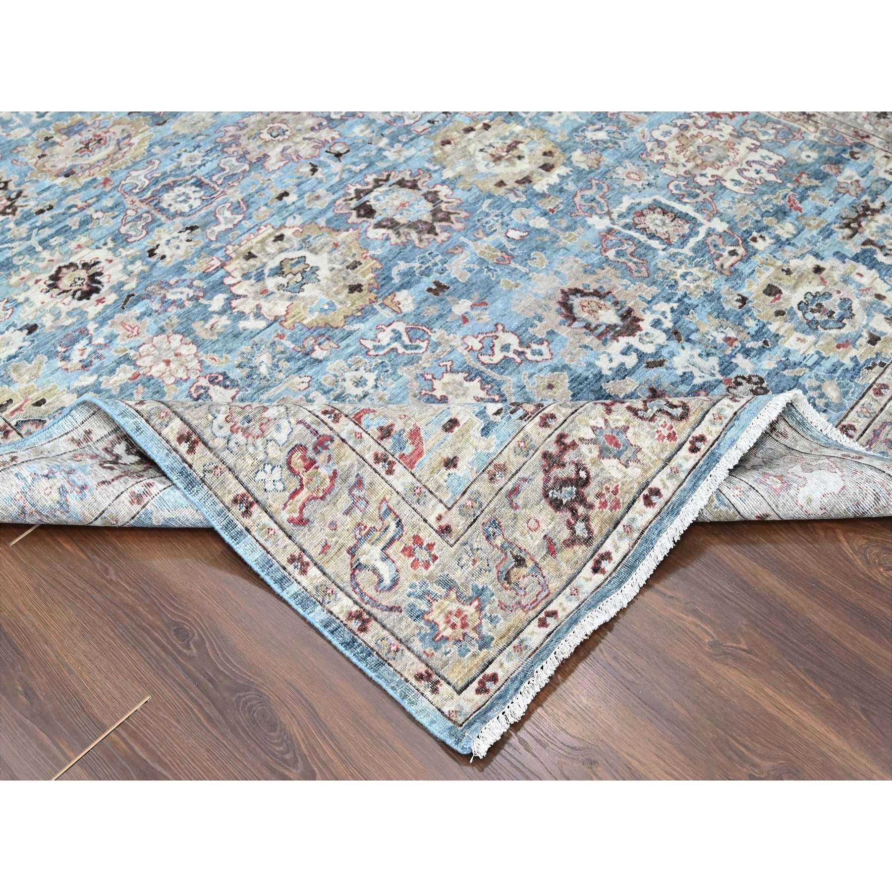 7'8"x9'8" Maya Blue, Antiqued Tabriz with All Over Leaf Design, Distressed, Zero Pile, Shaved Low, Pure Wool, Hand Knotted, Oriental Rug Sh10146