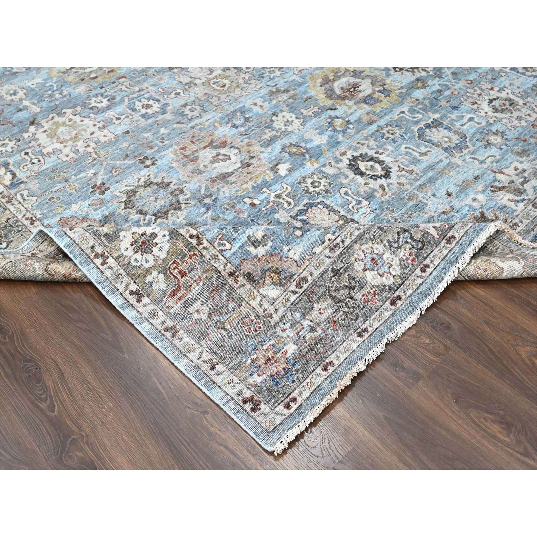 9'x11'9" Ruddy Blue, Antiqued Persian Ziegler Mahal Design, Distressed, All Over Leaf Pattern, Zero Pile, Shaved Low, 100% Wool, Hand Knotted, Oriental Rug Sh10147