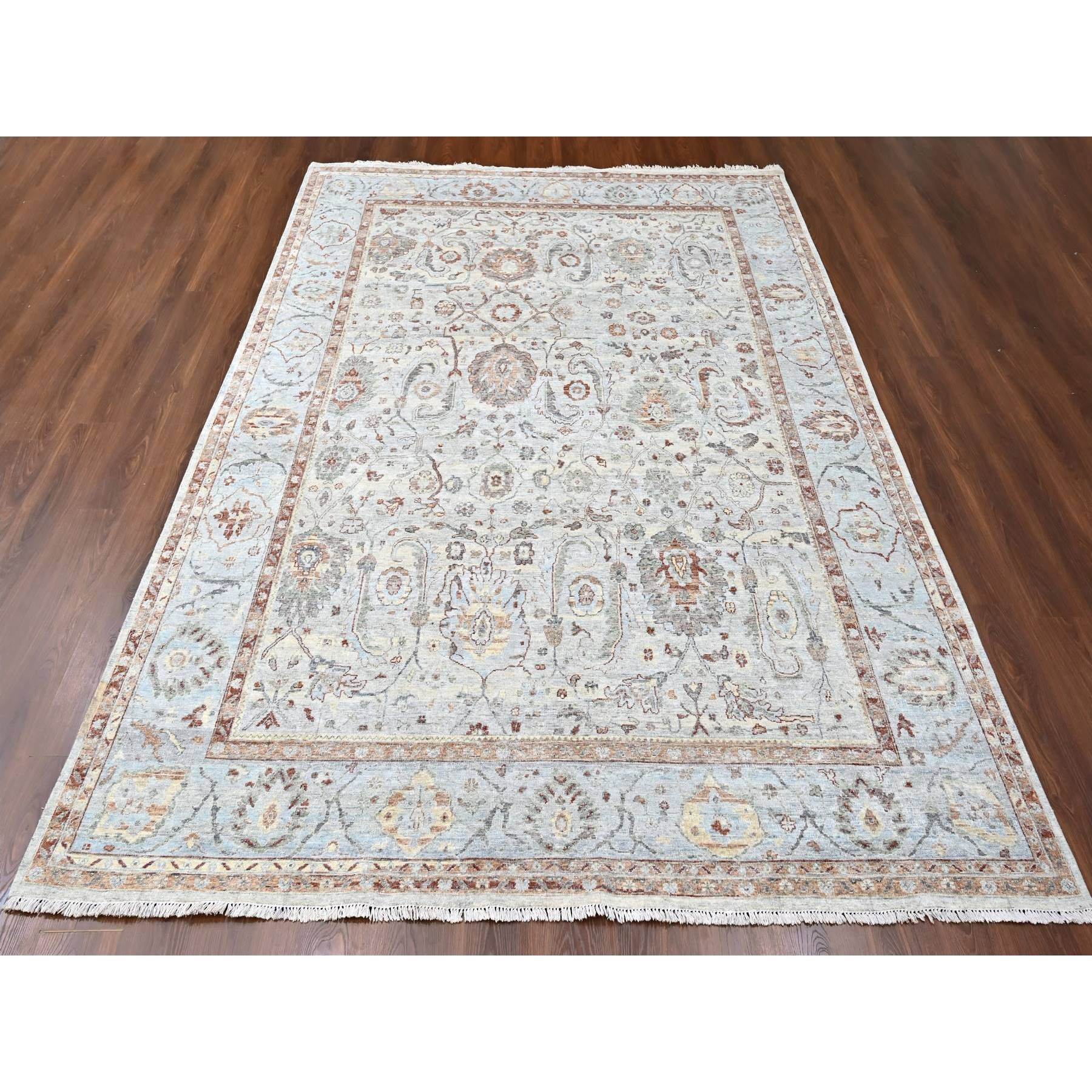 9'x11'9" Misty Gray, 100% Wool, Antiqued Persian Ziegler Mahal Design, Distressed, Zero Pile, Shaved Low, Hand Knotted, Oriental Rug Sh10153