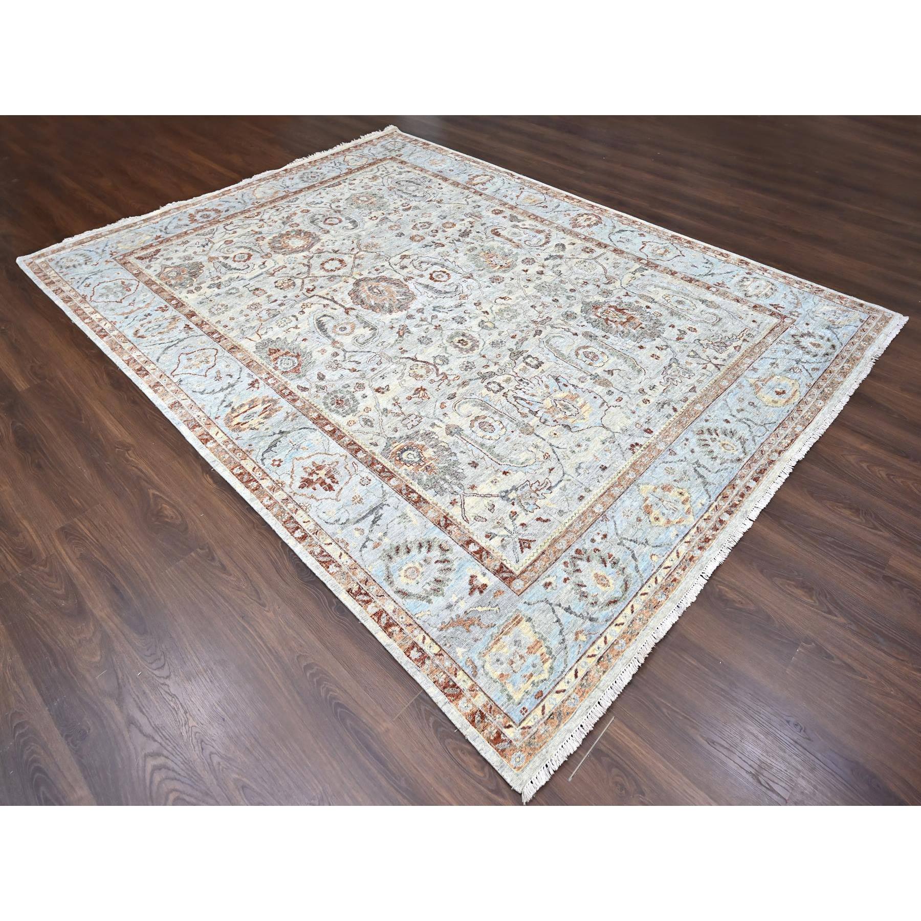 9'x11'9" Misty Gray, 100% Wool, Antiqued Persian Ziegler Mahal Design, Distressed, Zero Pile, Shaved Low, Hand Knotted, Oriental Rug Sh10153