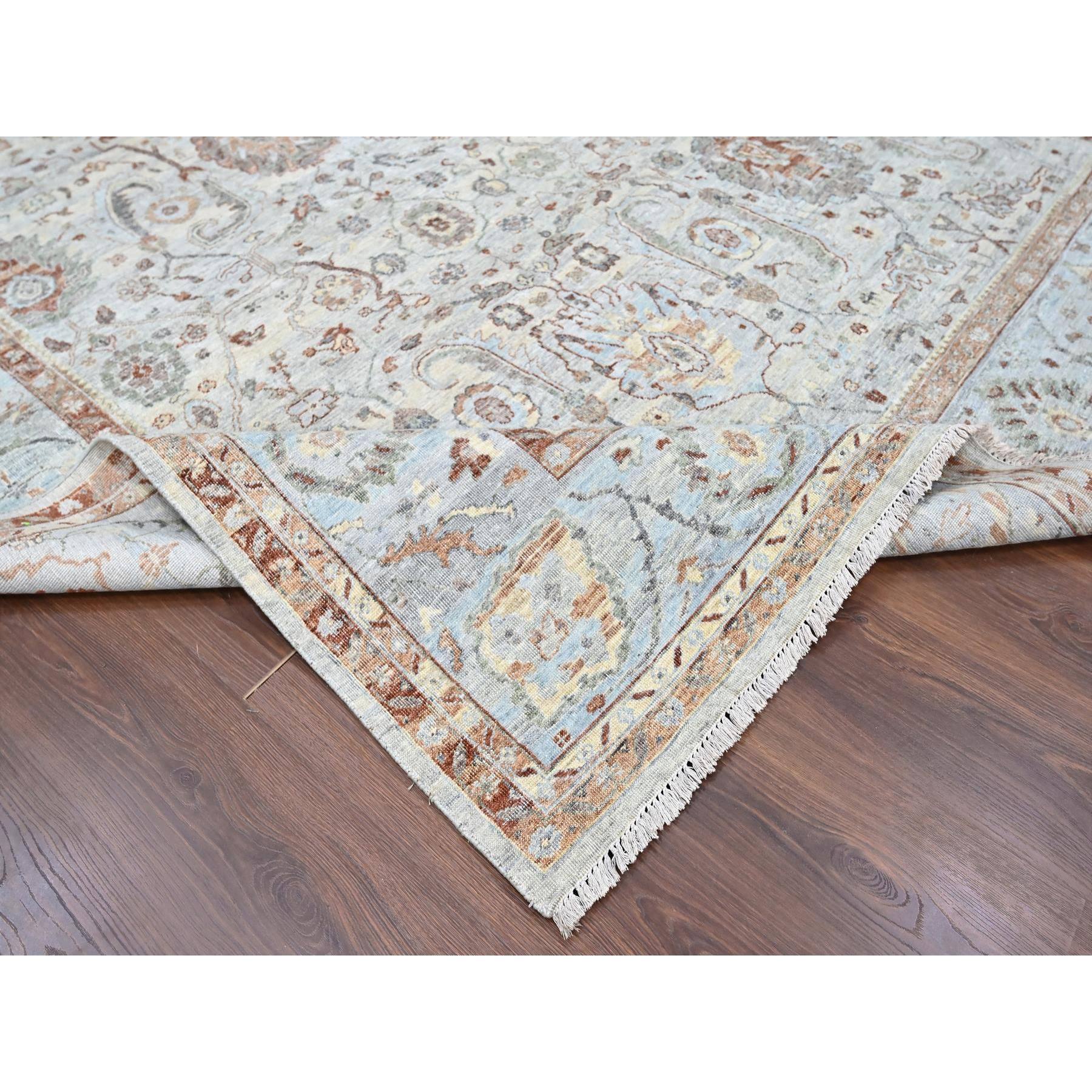 9'x11'9" Misty Gray, 100% Wool, Antiqued Persian Ziegler Mahal Design, Distressed, Zero Pile, Shaved Low, Hand Knotted, Oriental Rug Sh10153