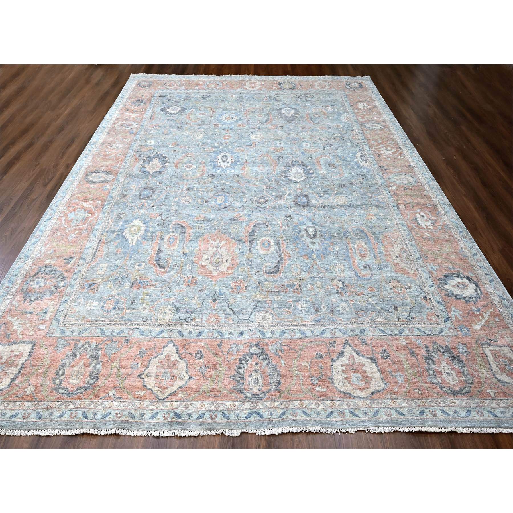 12'x14'10" Stone Blue, Antiqued Persian Ziegler Mahal Design, Distressed, Zero Pile, Shaved Low, 100% Wool, Hand Knotted, Oversized, Oriental Rug Sh10155