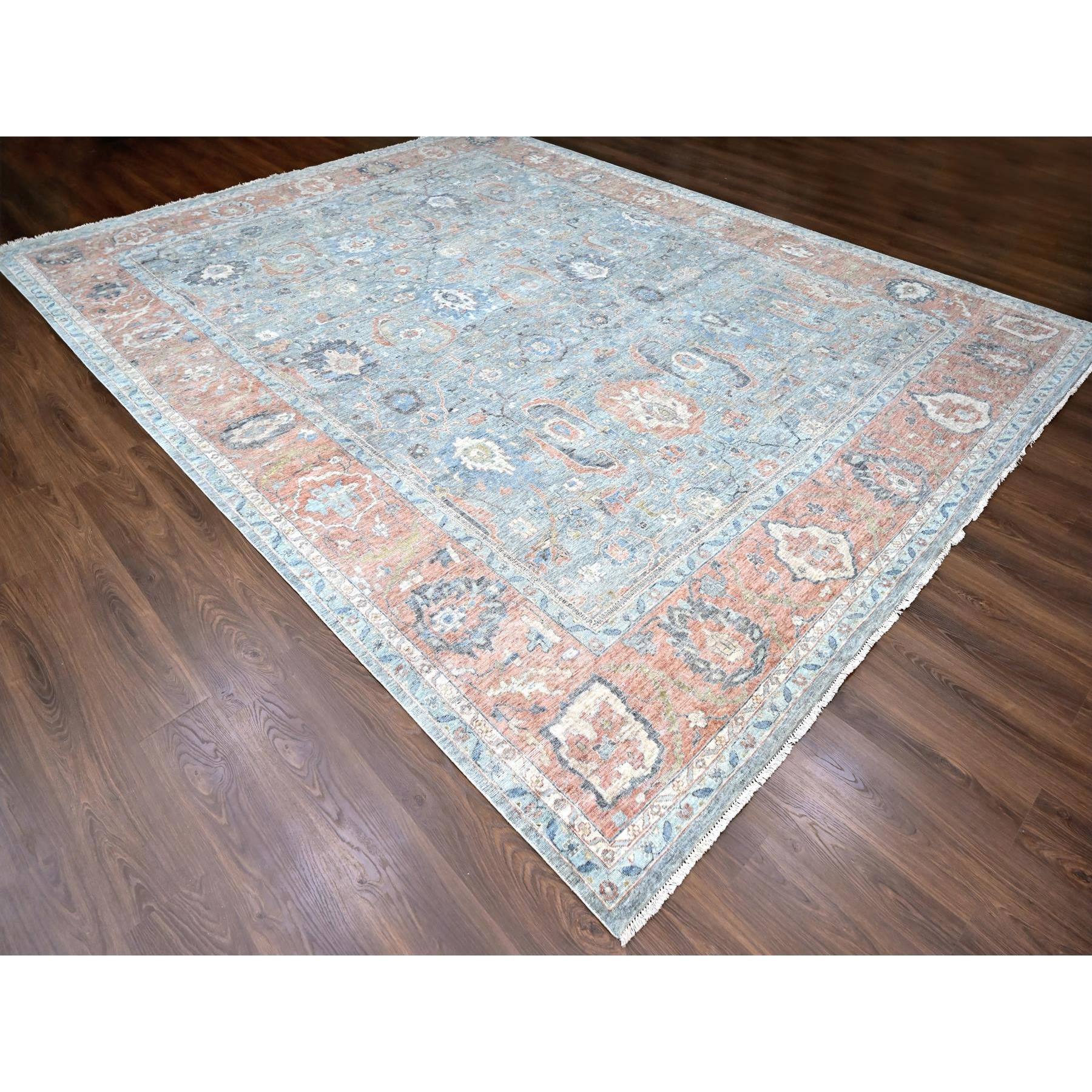 12'x14'10" Stone Blue, Antiqued Persian Ziegler Mahal Design, Distressed, Zero Pile, Shaved Low, 100% Wool, Hand Knotted, Oversized, Oriental Rug Sh10155