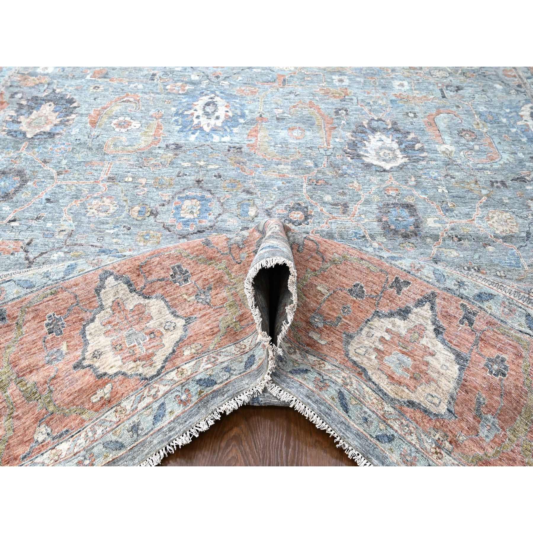 12'x14'10" Stone Blue, Antiqued Persian Ziegler Mahal Design, Distressed, Zero Pile, Shaved Low, 100% Wool, Hand Knotted, Oversized, Oriental Rug Sh10155
