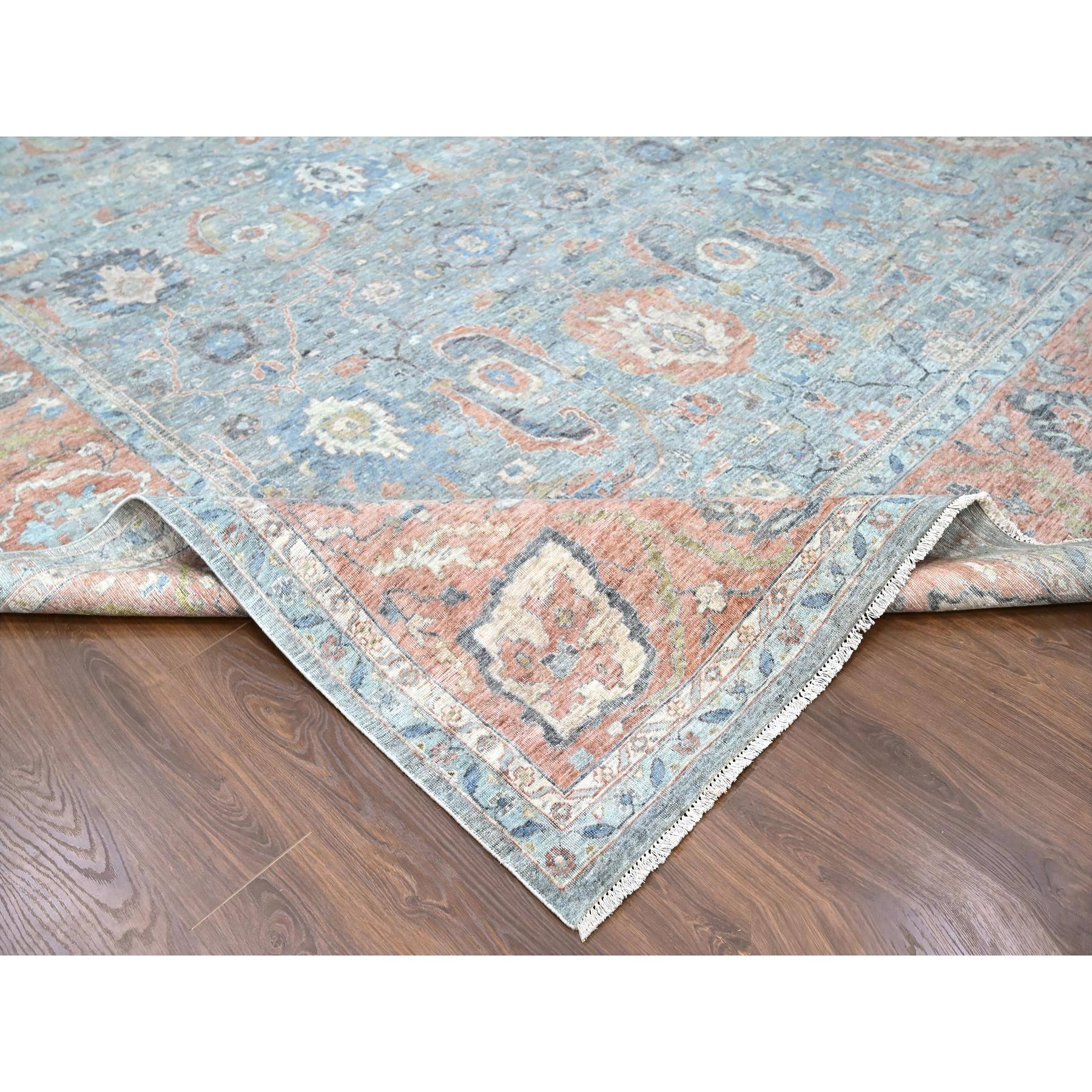 12'x14'10" Stone Blue, Antiqued Persian Ziegler Mahal Design, Distressed, Zero Pile, Shaved Low, 100% Wool, Hand Knotted, Oversized, Oriental Rug Sh10155