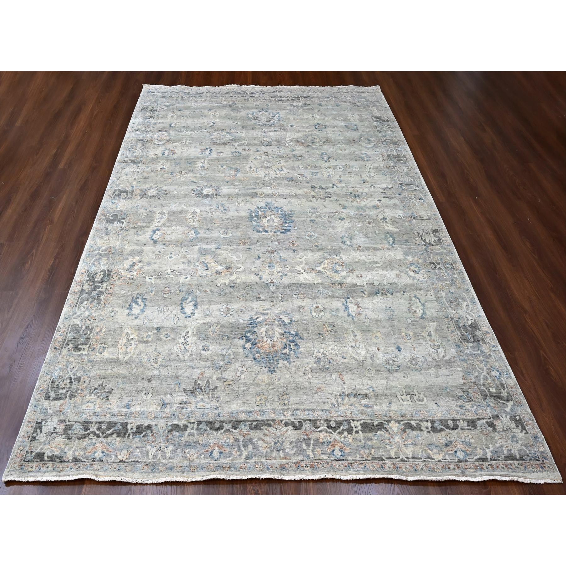 9'x11'8" Medium Gray, Antiqued Tabriz Design, Distressed with Abrash, Zero Pile, Shaved Low, 100% Wool, Hand Knotted, Oriental Rug Sh10156