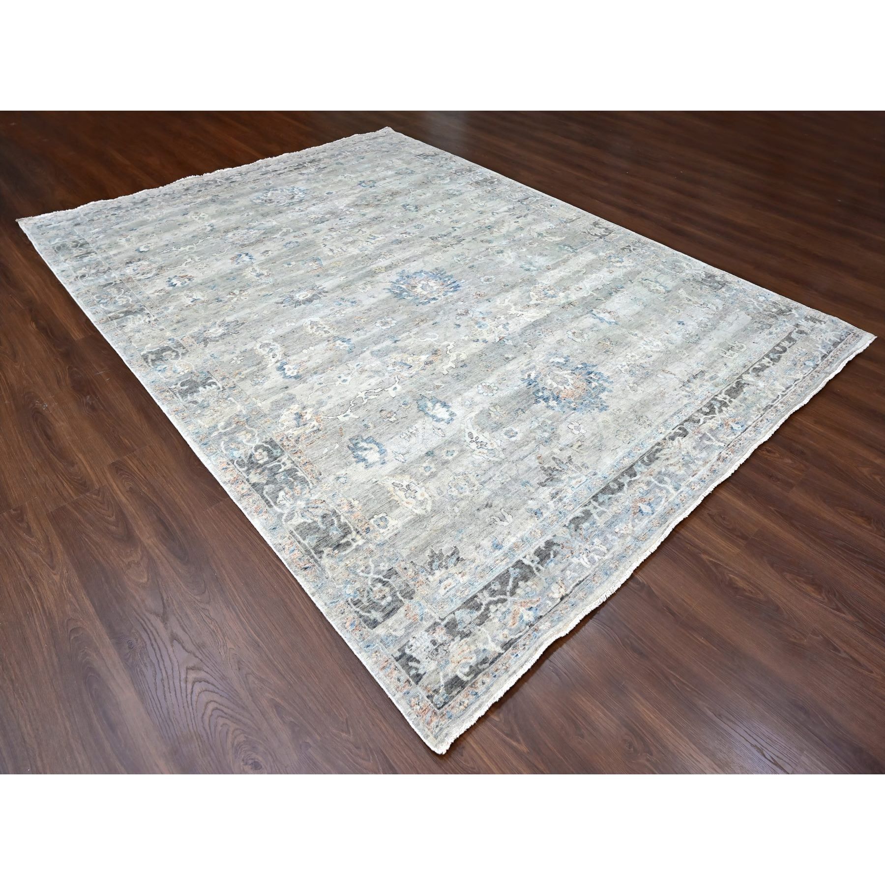 9'x11'8" Medium Gray, Antiqued Tabriz Design, Distressed with Abrash, Zero Pile, Shaved Low, 100% Wool, Hand Knotted, Oriental Rug Sh10156