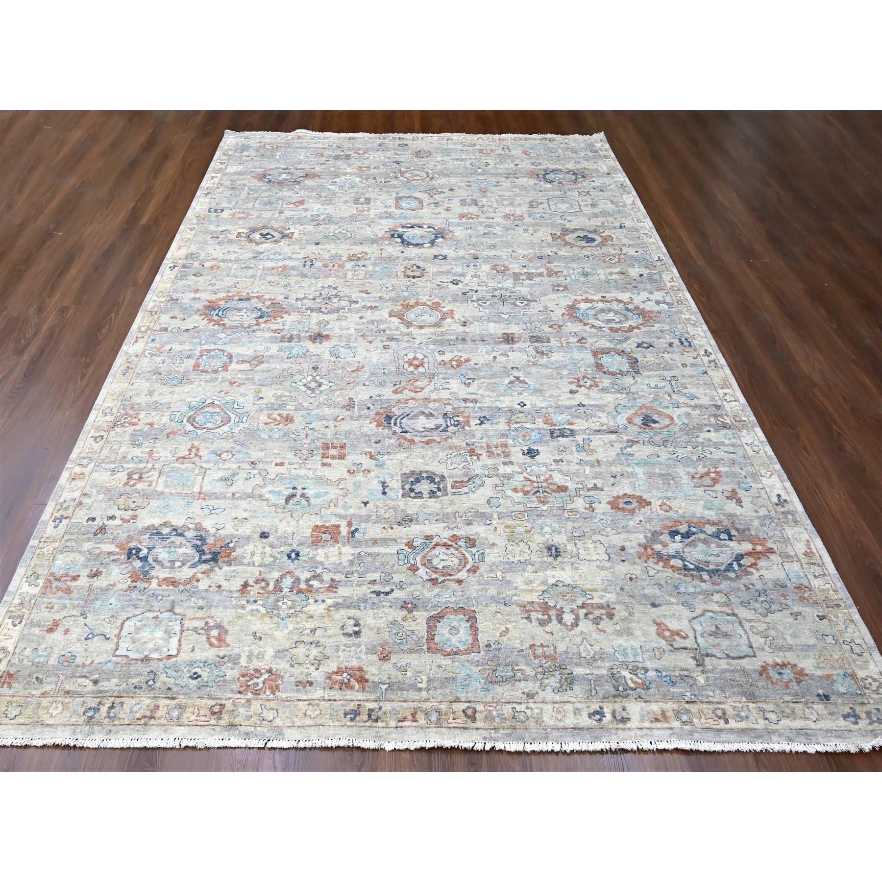 9'6"x13'7" Shades of Gray, Abrash Persian with All Over Leaf Design, 100% Pure Wool, Zero Pile, Shaved Low, Hand Knotted, Oriental Rug Sh10158
