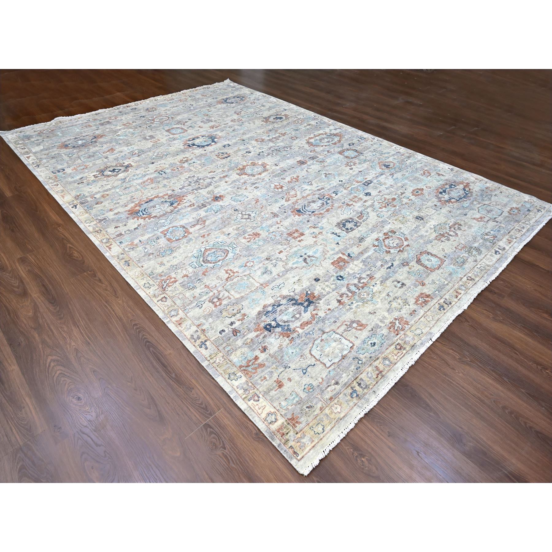 9'6"x13'7" Shades of Gray, Abrash Persian with All Over Leaf Design, 100% Pure Wool, Zero Pile, Shaved Low, Hand Knotted, Oriental Rug Sh10158