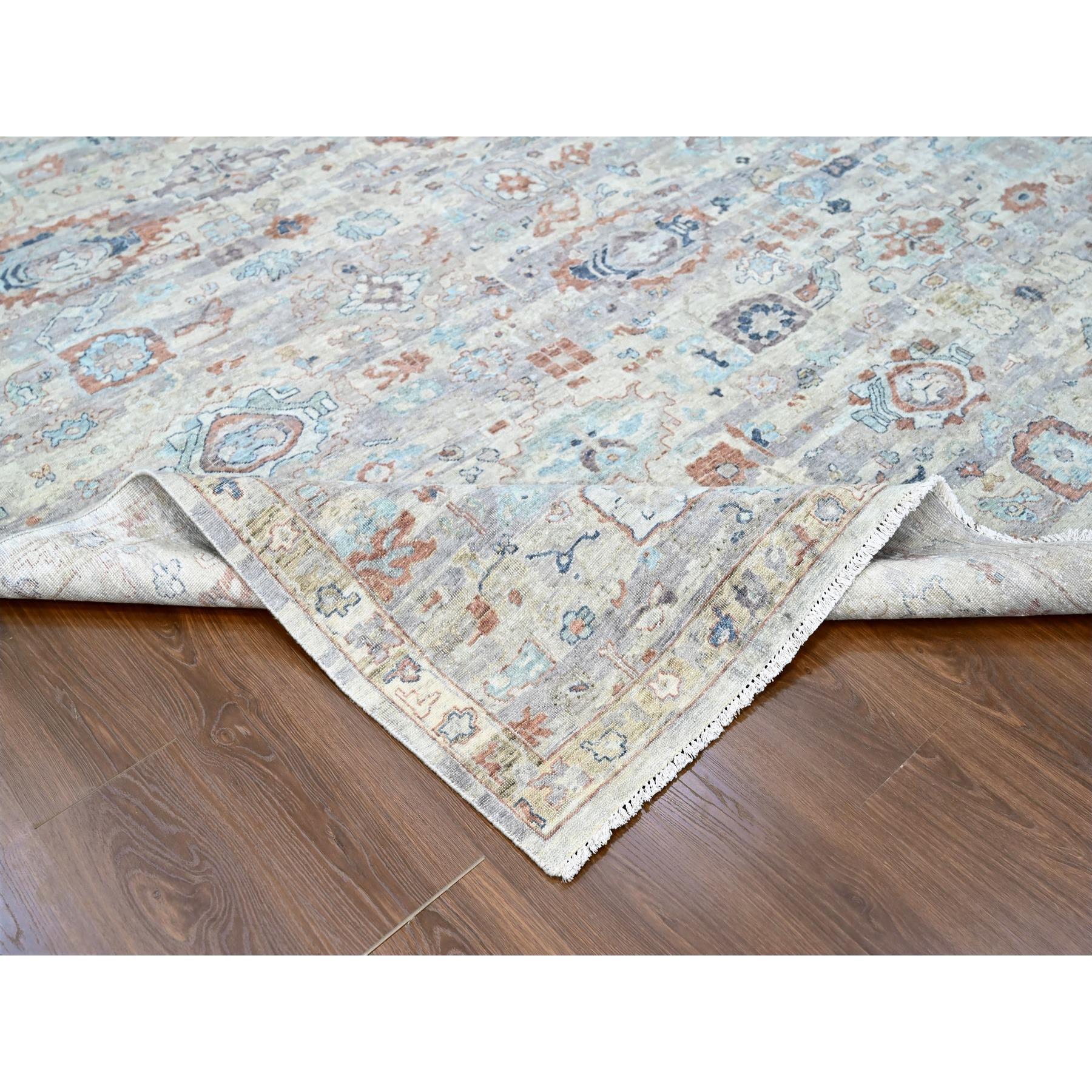 9'6"x13'7" Shades of Gray, Abrash Persian with All Over Leaf Design, 100% Pure Wool, Zero Pile, Shaved Low, Hand Knotted, Oriental Rug Sh10158