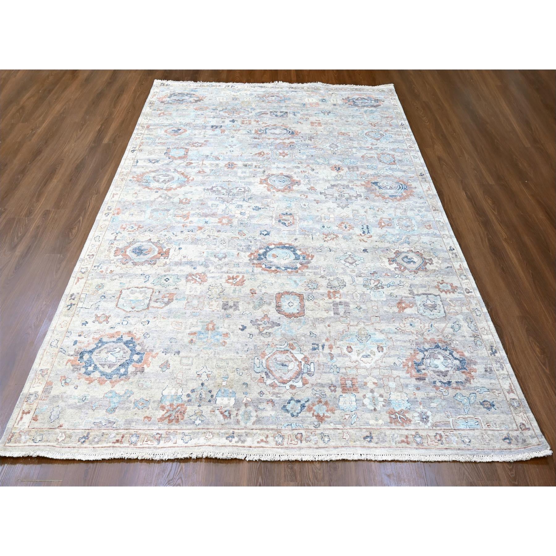 8'6"x11'3" Misty Gray, Abrash Persian with All Over Leaf Design, 100% Pure Wool, Zero Pile, Shaved Low, Hand Knotted, Oriental Rug Sh10159