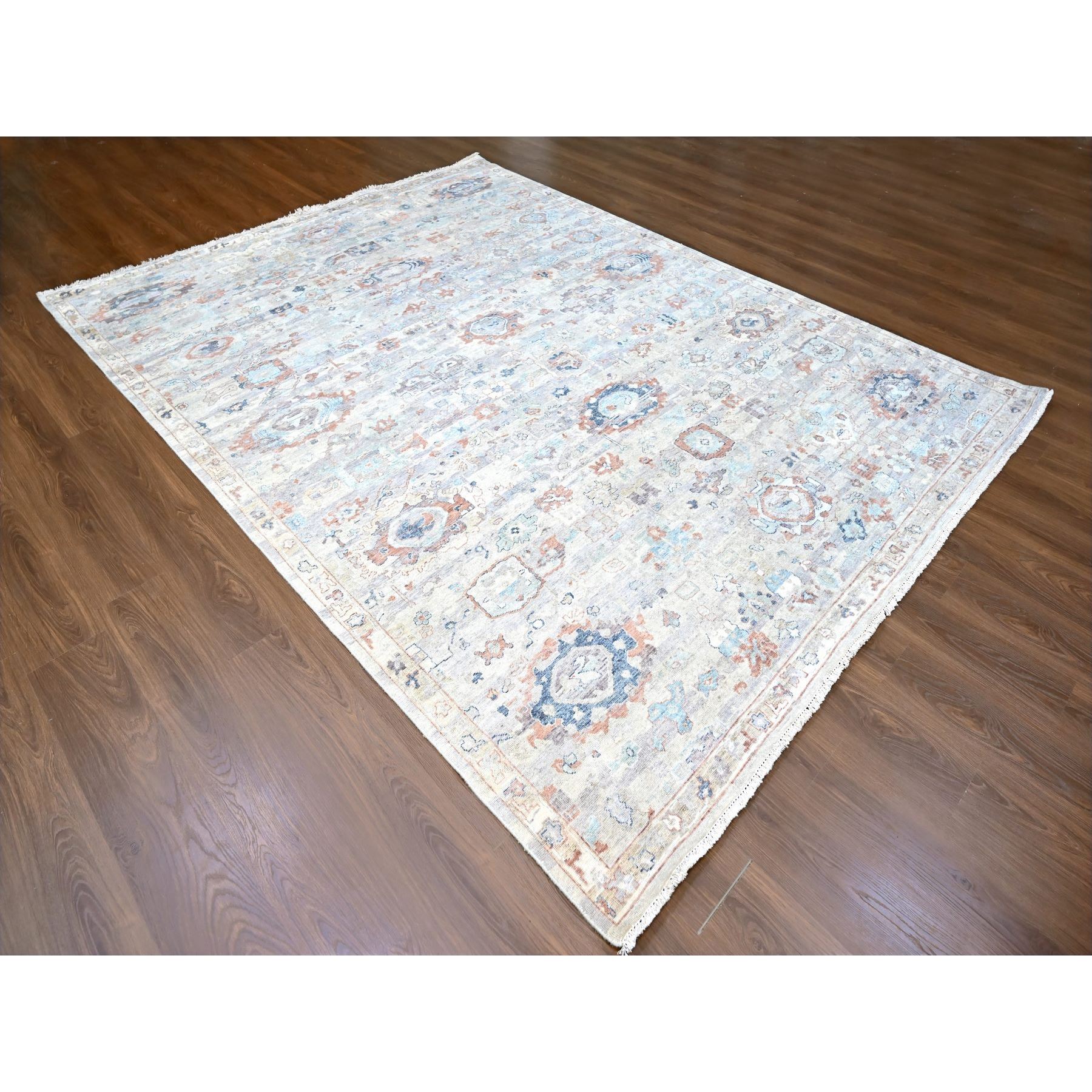 8'6"x11'3" Misty Gray, Abrash Persian with All Over Leaf Design, 100% Pure Wool, Zero Pile, Shaved Low, Hand Knotted, Oriental Rug Sh10159