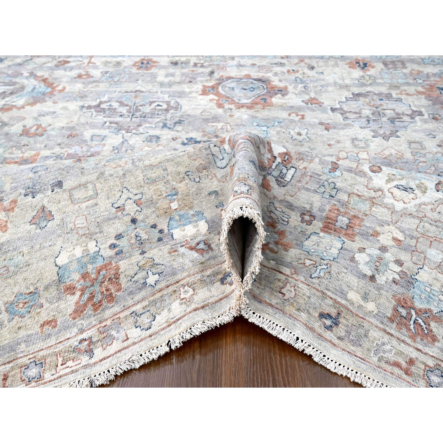 8'6"x11'3" Misty Gray, Abrash Persian with All Over Leaf Design, 100% Pure Wool, Zero Pile, Shaved Low, Hand Knotted, Oriental Rug Sh10159