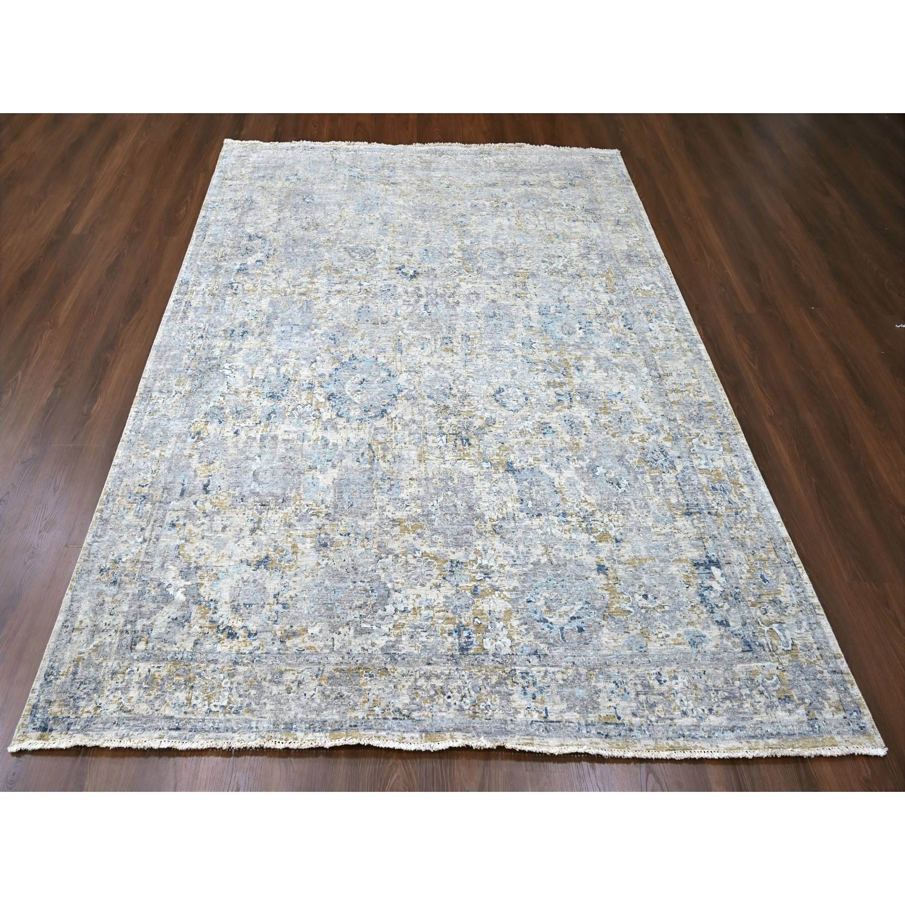 7'10"x9'10" Shades of Gray, Antiqued Tabriz Design, Distressed, Zero Pile, Shaved Low, 100% Wool, Hand Knotted, Oriental Rug Sh10160