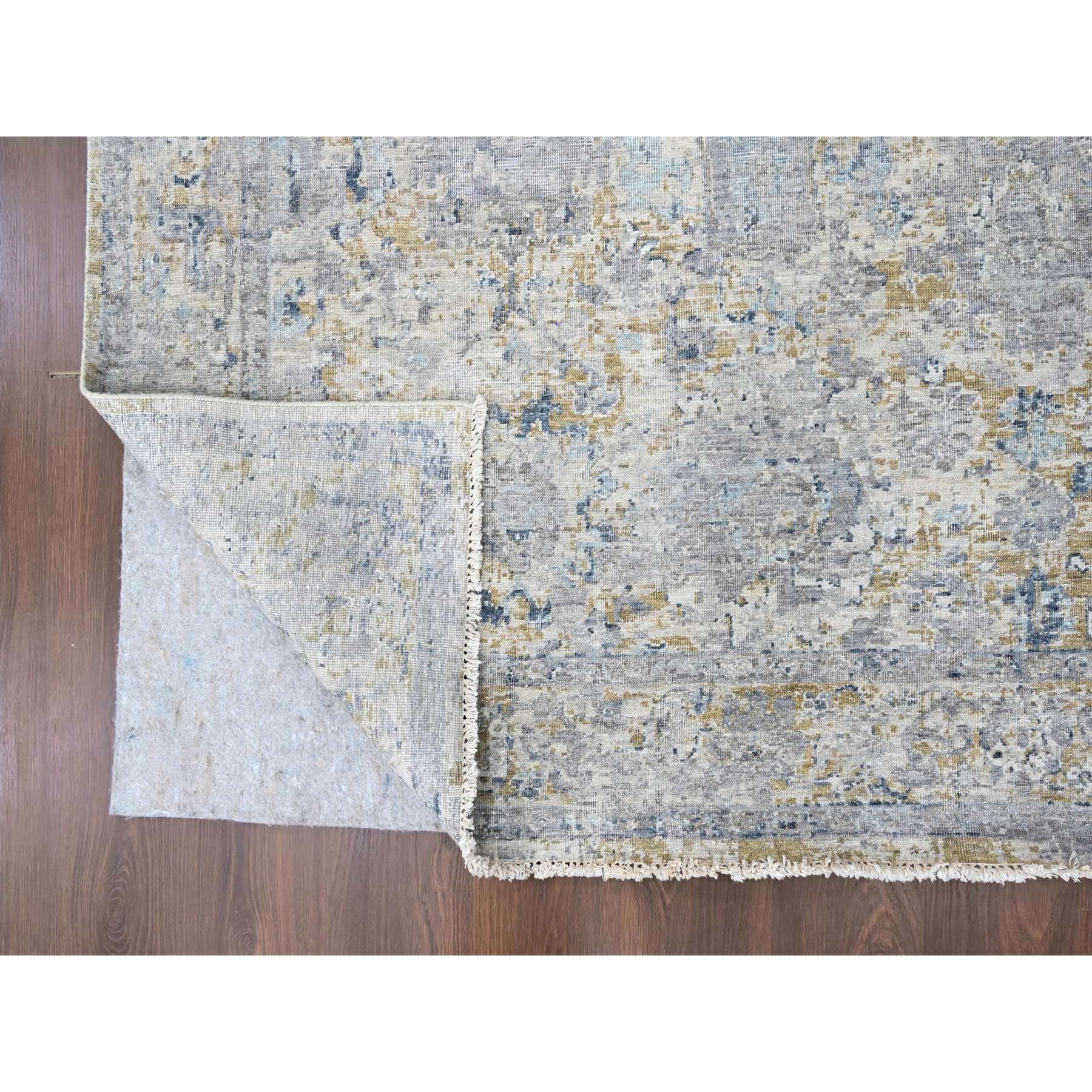 7'10"x9'10" Shades of Gray, Antiqued Tabriz Design, Distressed, Zero Pile, Shaved Low, 100% Wool, Hand Knotted, Oriental Rug Sh10160