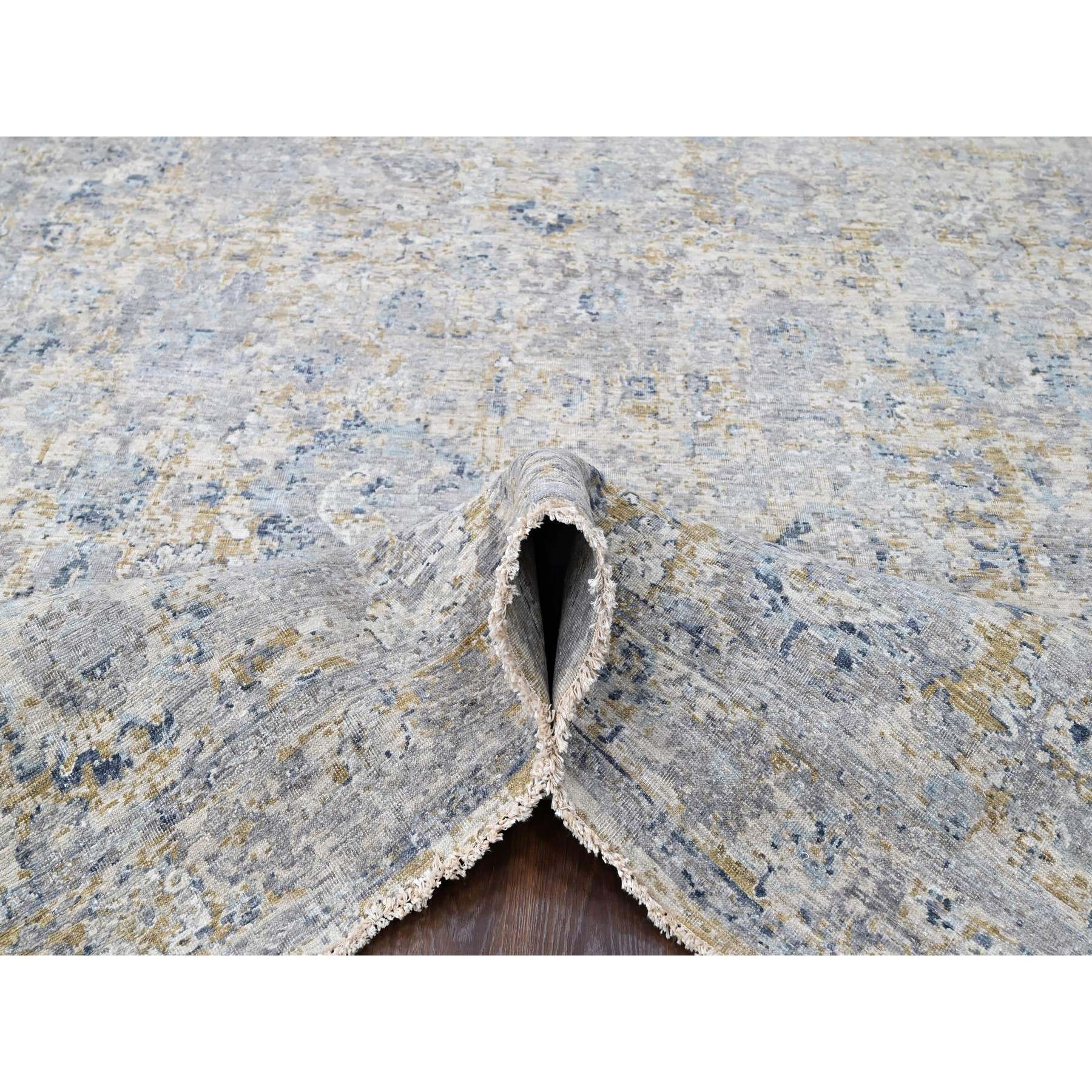7'10"x9'10" Shades of Gray, Antiqued Tabriz Design, Distressed, Zero Pile, Shaved Low, 100% Wool, Hand Knotted, Oriental Rug Sh10160