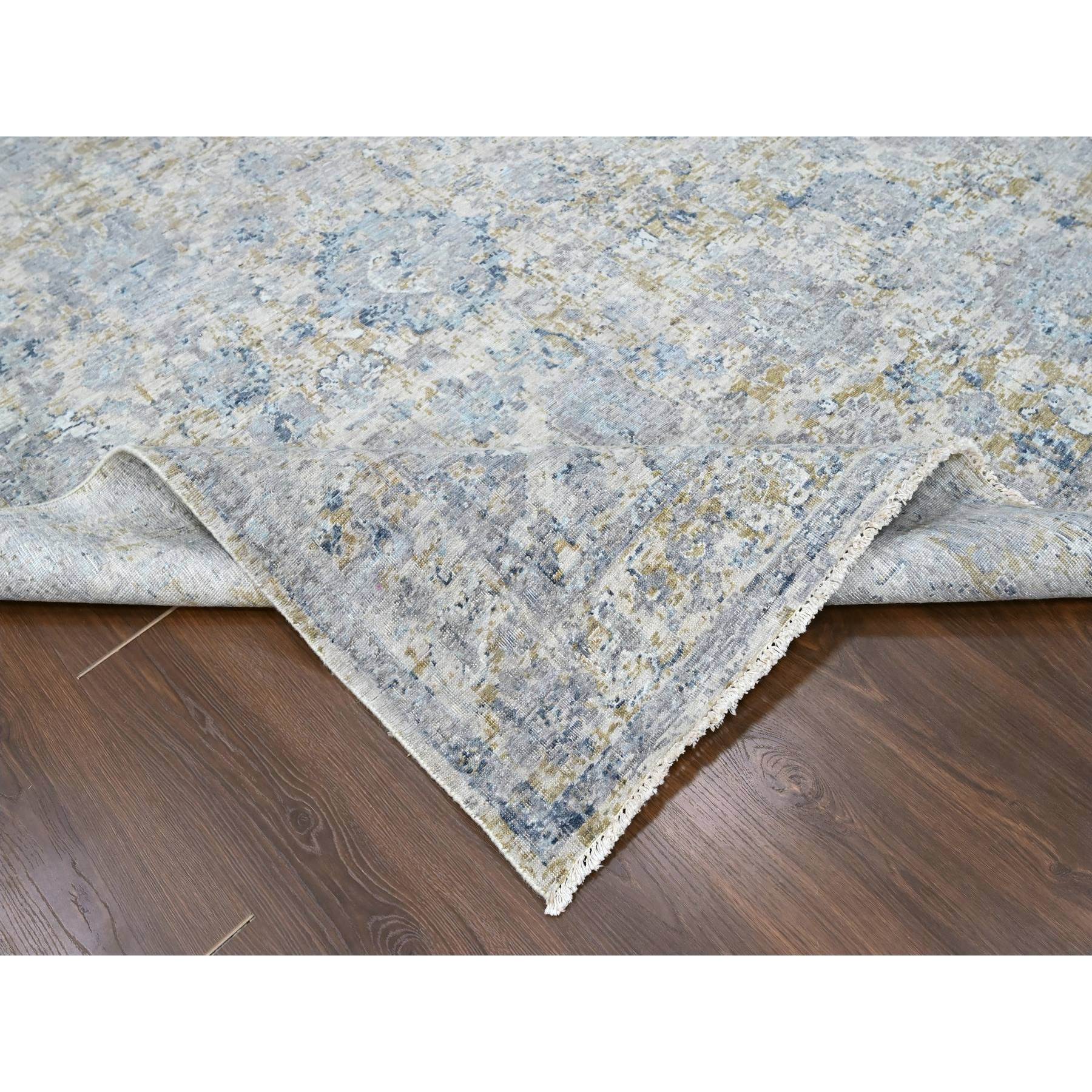 7'10"x9'10" Shades of Gray, Antiqued Tabriz Design, Distressed, Zero Pile, Shaved Low, 100% Wool, Hand Knotted, Oriental Rug Sh10160