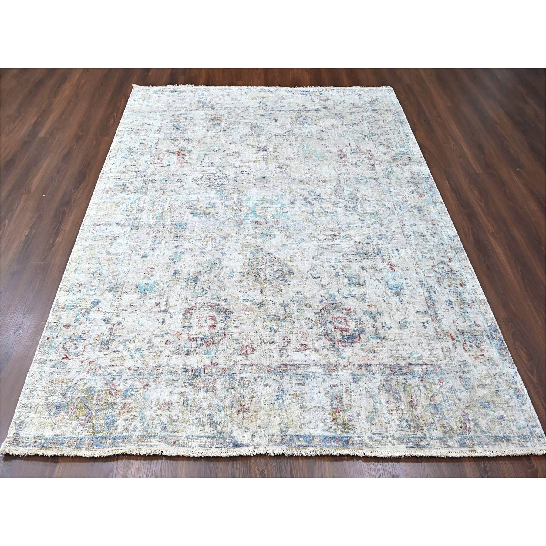 7'8"x9'9" Acoustic White, Antiqued Tabriz Design, Distressed, Zero Pile, Shaved Low, 100% Wool, Hand Knotted, Oriental Rug Sh10161