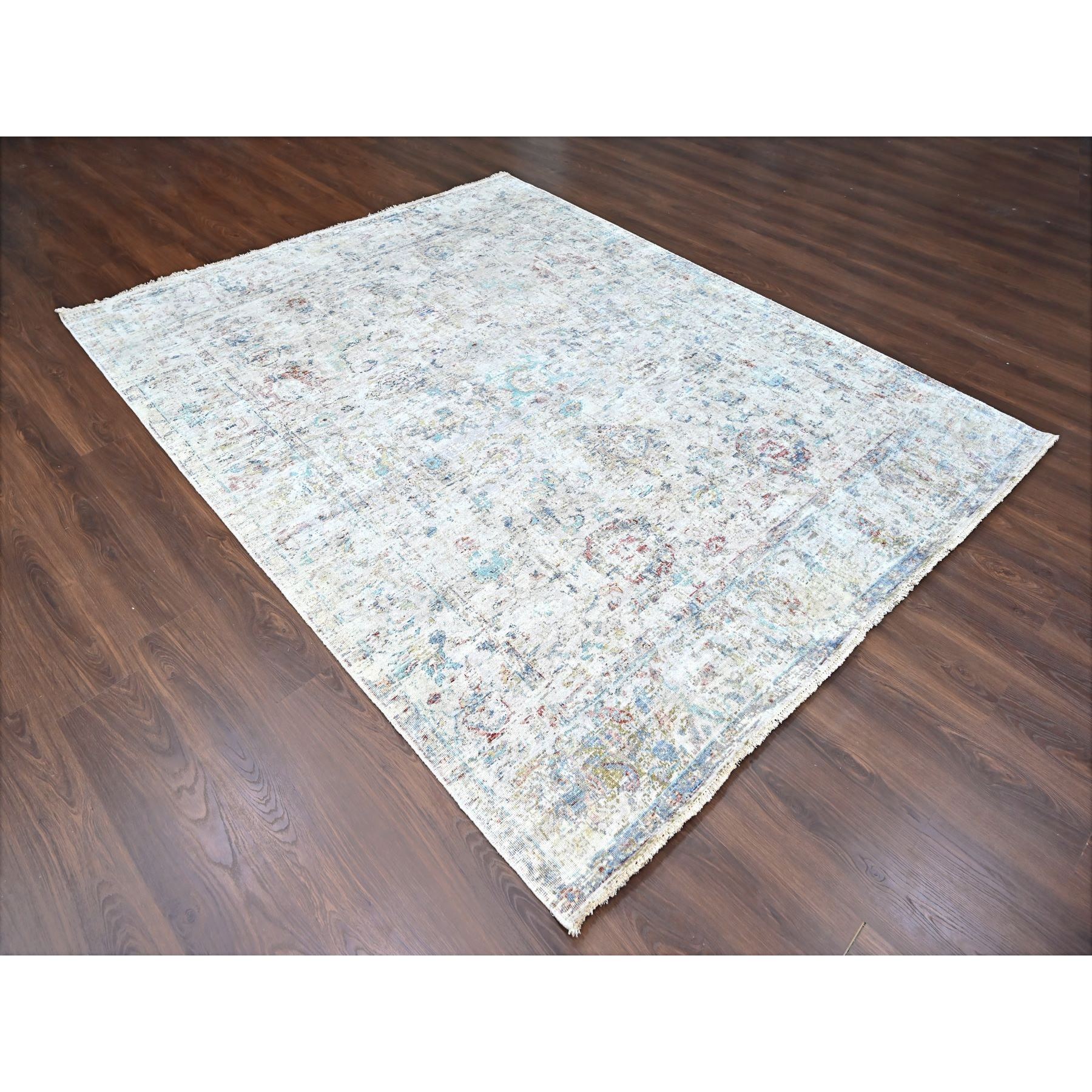 7'8"x9'9" Acoustic White, Antiqued Tabriz Design, Distressed, Zero Pile, Shaved Low, 100% Wool, Hand Knotted, Oriental Rug Sh10161