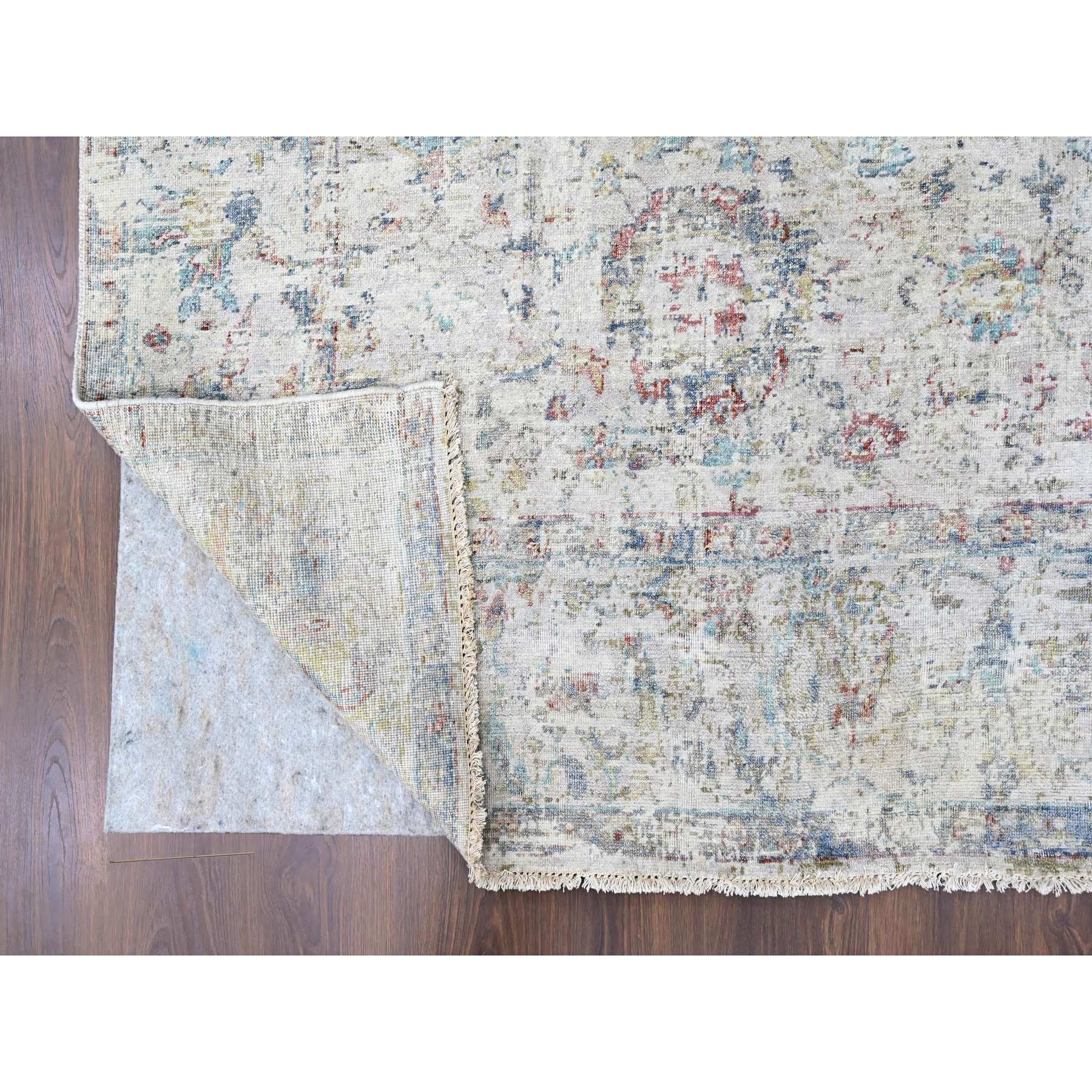 7'8"x9'9" Acoustic White, Antiqued Tabriz Design, Distressed, Zero Pile, Shaved Low, 100% Wool, Hand Knotted, Oriental Rug Sh10161