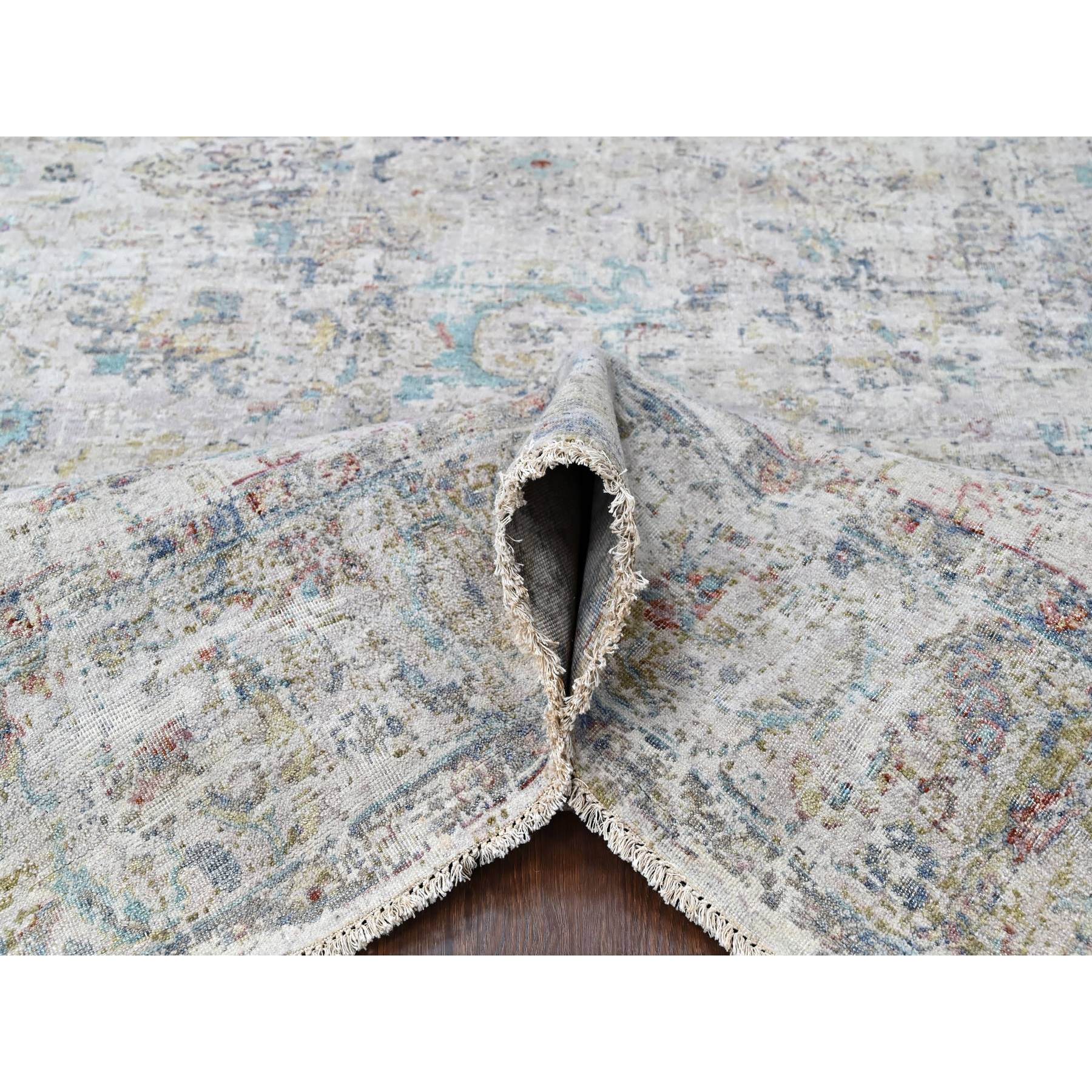 7'8"x9'9" Acoustic White, Antiqued Tabriz Design, Distressed, Zero Pile, Shaved Low, 100% Wool, Hand Knotted, Oriental Rug Sh10161