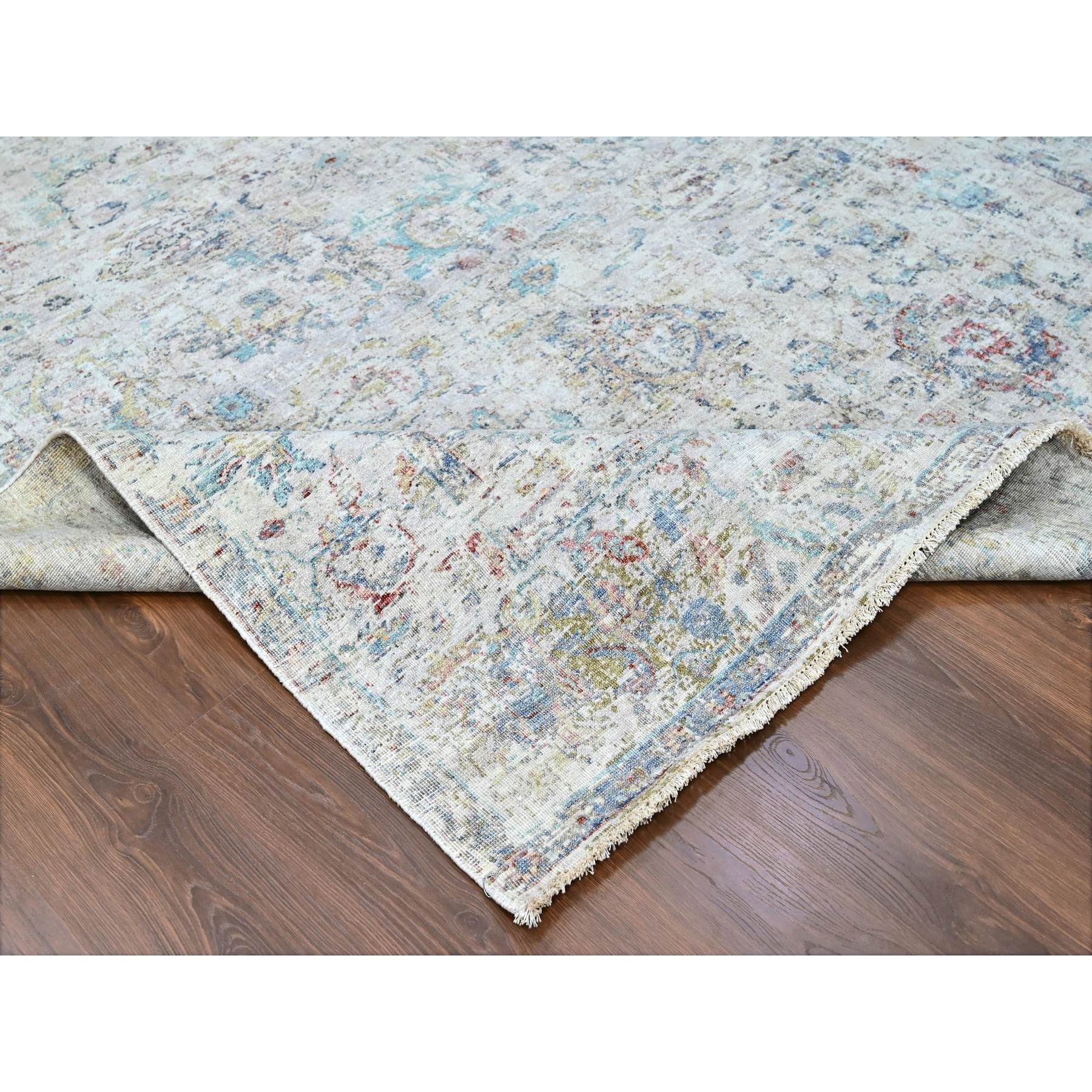 7'8"x9'9" Acoustic White, Antiqued Tabriz Design, Distressed, Zero Pile, Shaved Low, 100% Wool, Hand Knotted, Oriental Rug Sh10161