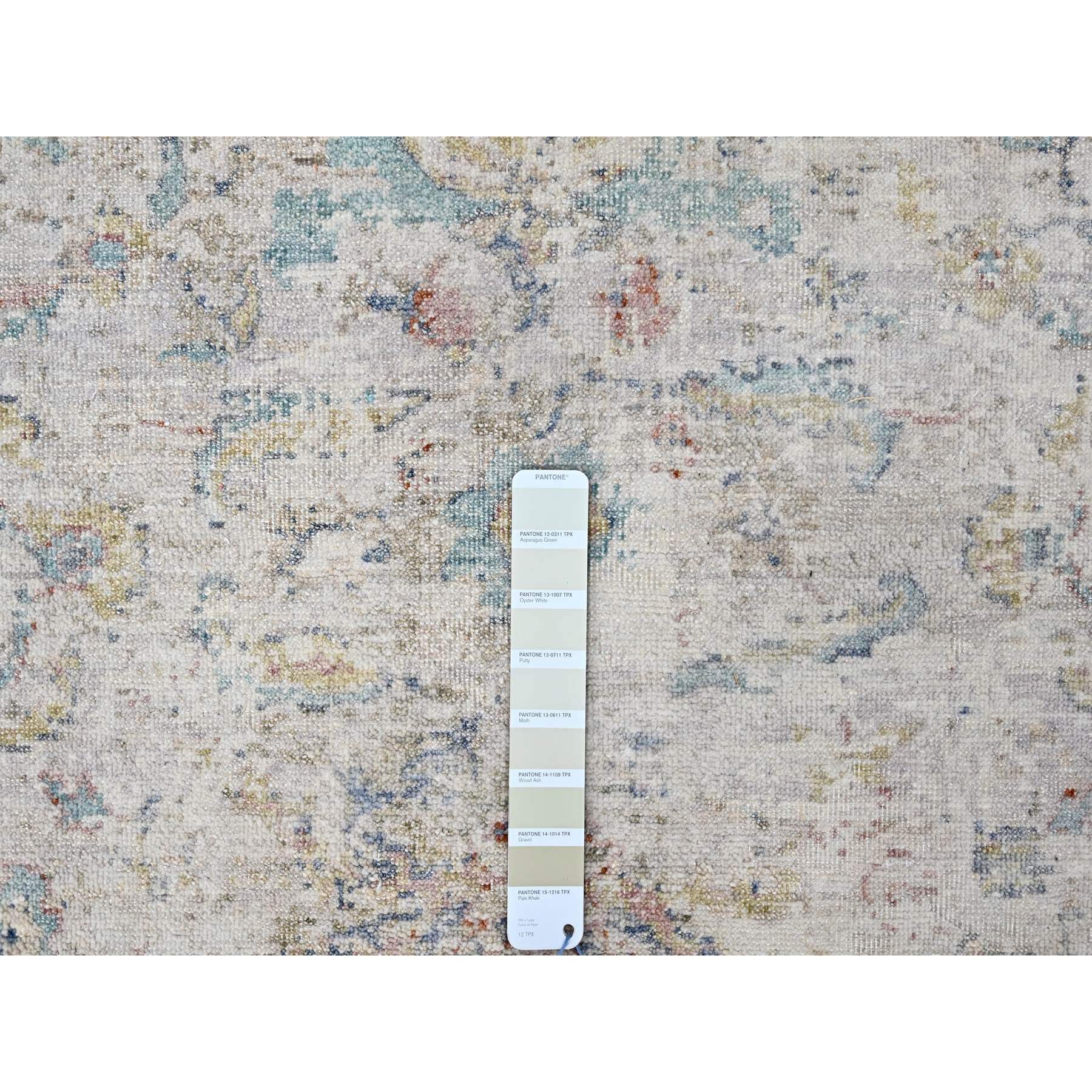 7'8"x9'9" Acoustic White, Antiqued Tabriz Design, Distressed, Zero Pile, Shaved Low, 100% Wool, Hand Knotted, Oriental Rug Sh10161